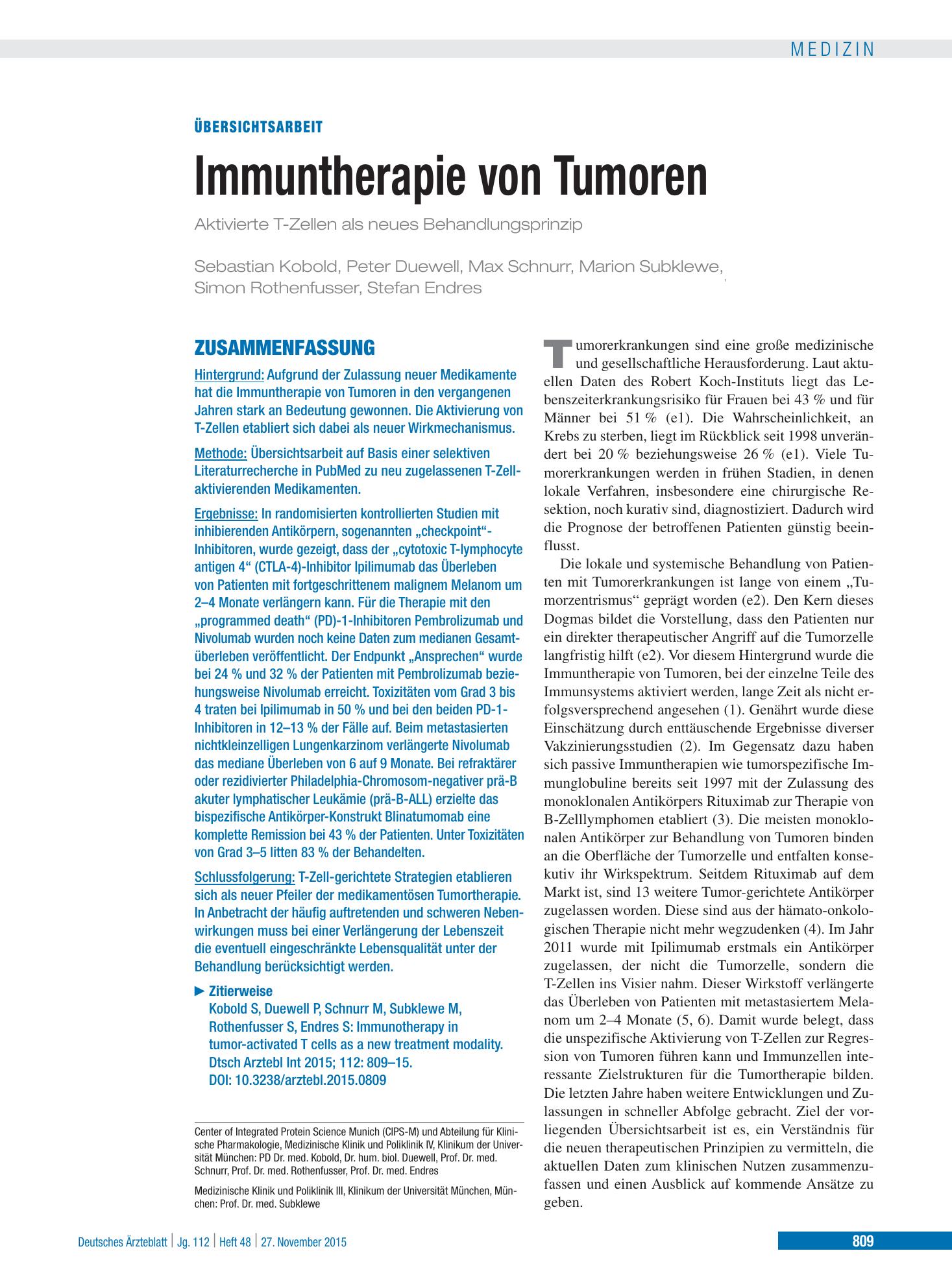 Vorschauseite 1: Immuntherapie von Tumoren – Deutsches Ärzteblatt