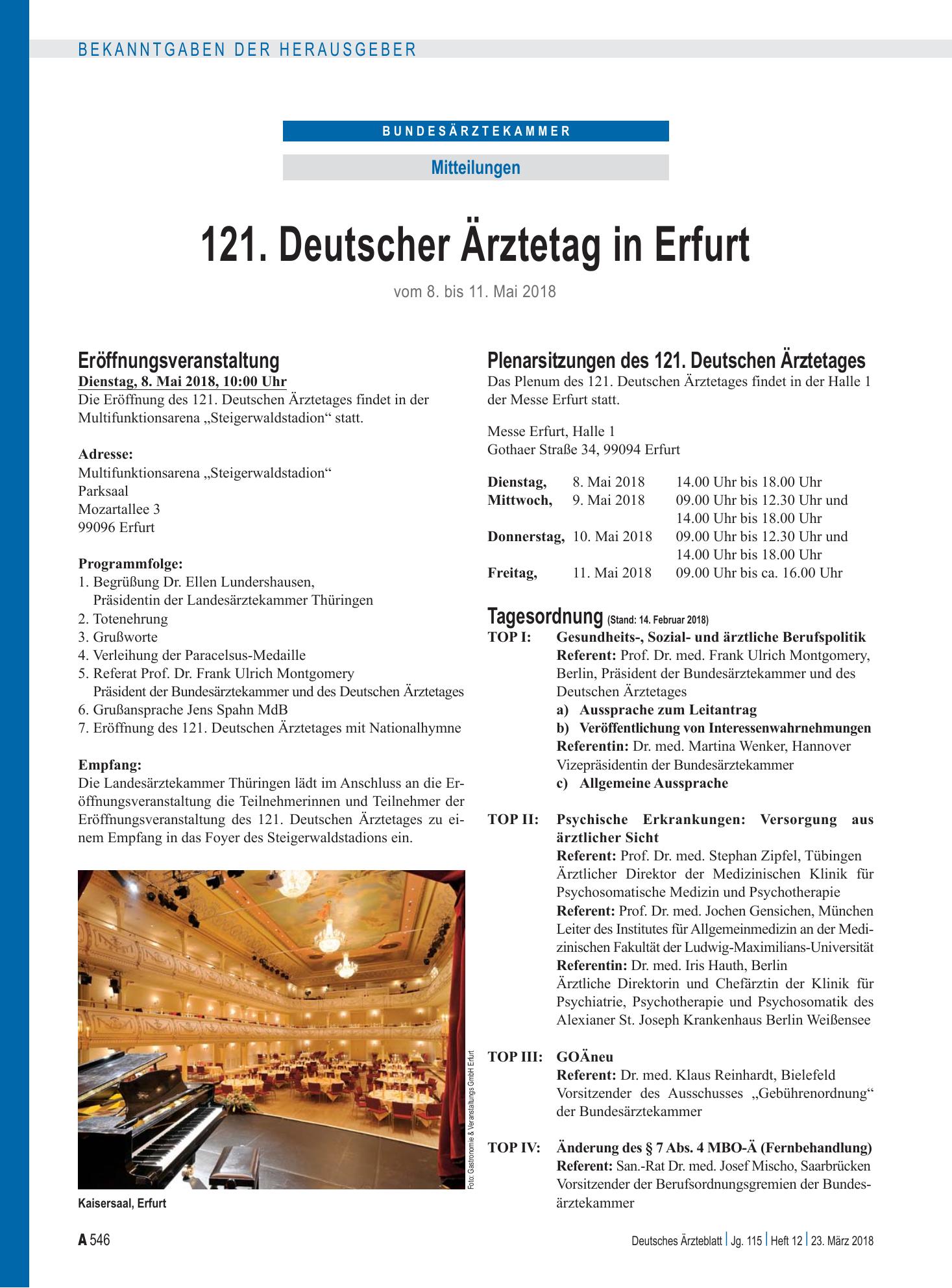 Vorschauseite 1: 121. Deutscher Ärztetag in Erfurt – Deutsches Ärzteblatt