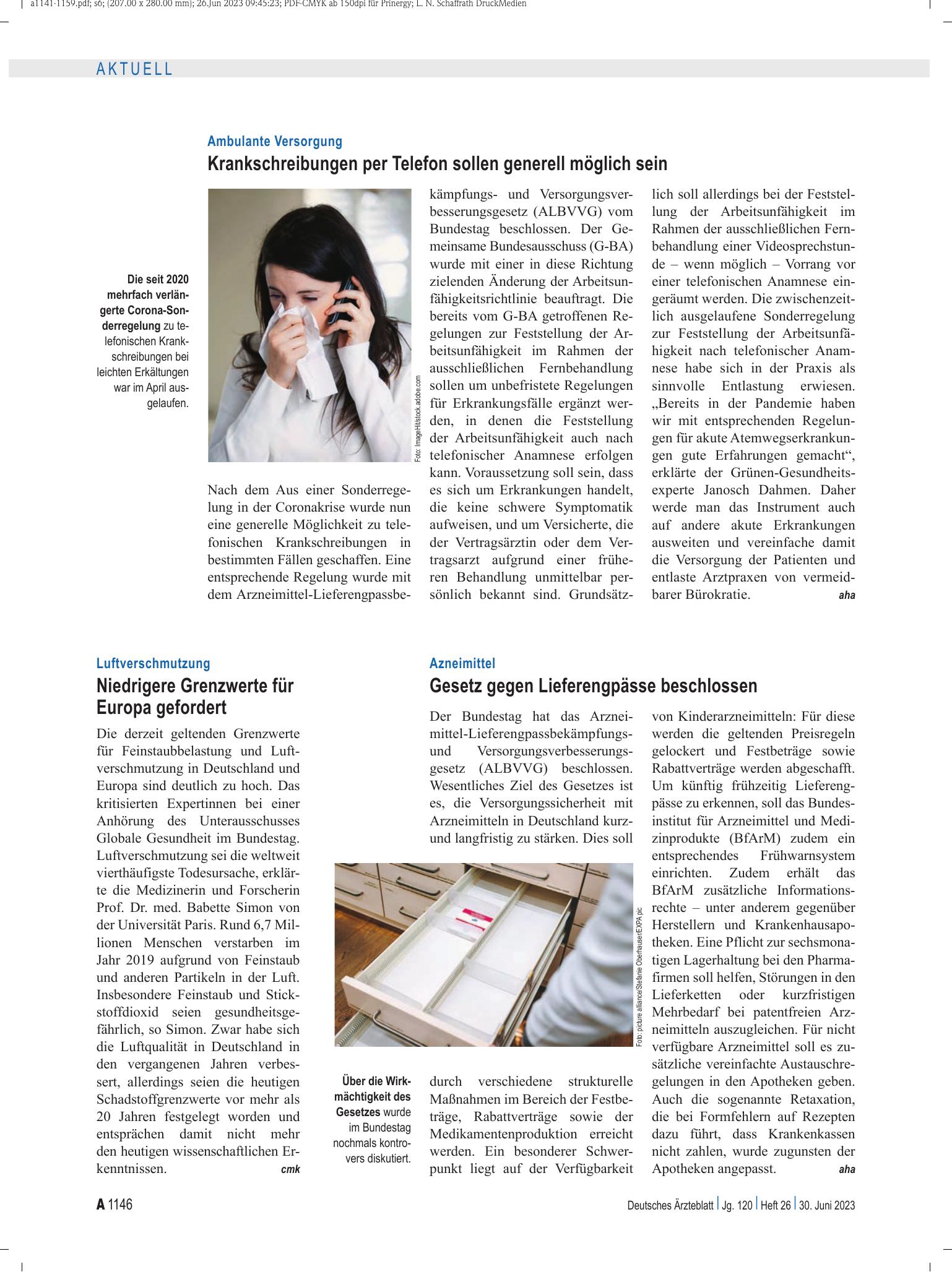 Vorschauseite 1: Ambulante Versorgung: Krankschreibungen per Telefon sollen generell möglich sein – Deutsches Ärzteblatt