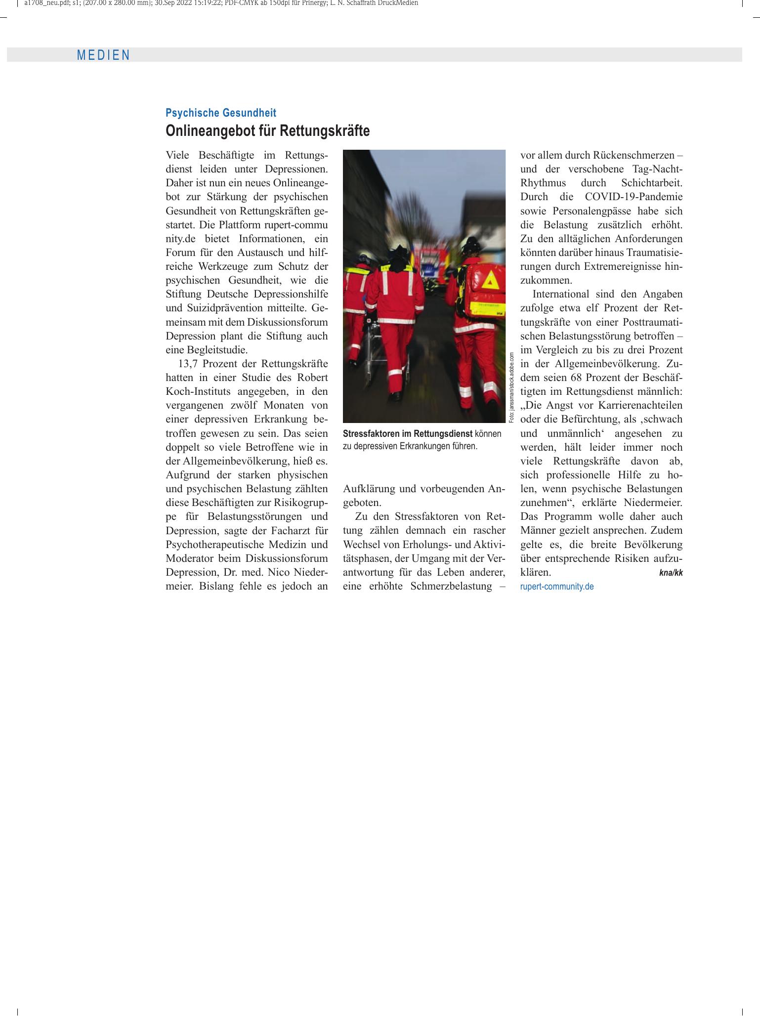 Vorschauseite 1: Psychische Gesundheit: Onlineangebot für Rettungskräfte – Deutsches Ärzteblatt