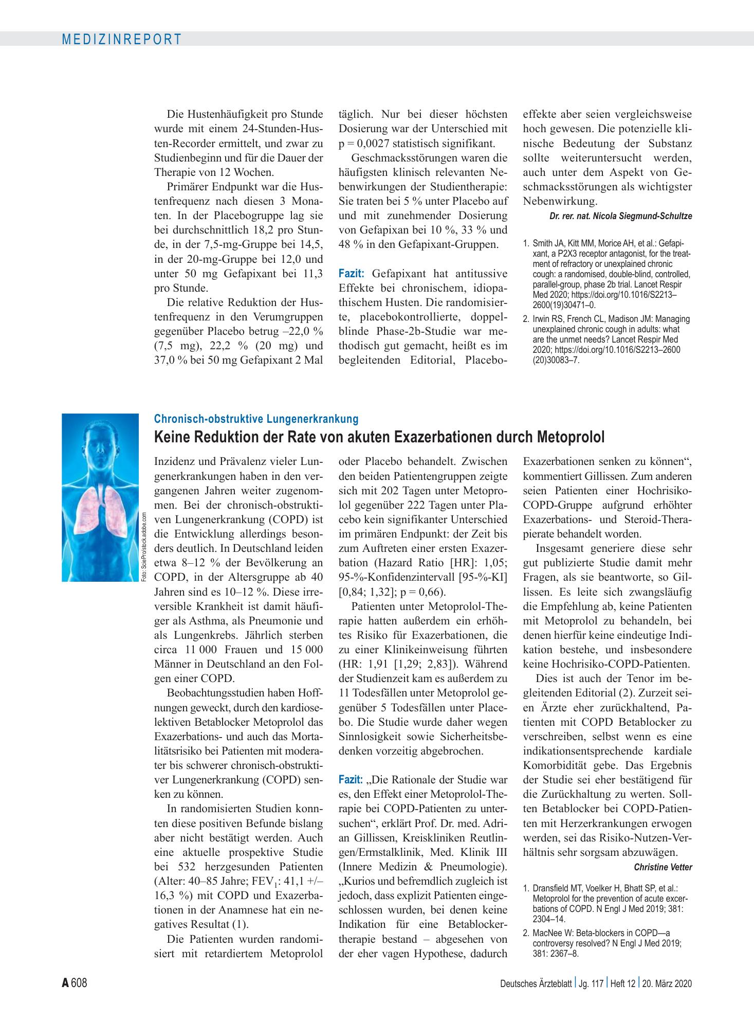 Vorschauseite 1: Chronisch-obstruktive Lungenerkrankung: Keine Reduktion der Rate von akuten Exazerbationen durch Metoprolol – Deutsches Ärzteblatt