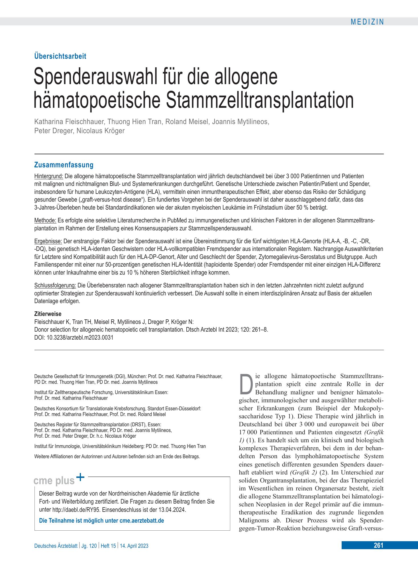 Vorschauseite 1: Spenderauswahl für die allogene hämatopoetische Stammzelltransplantation – Deutsches Ärzteblatt