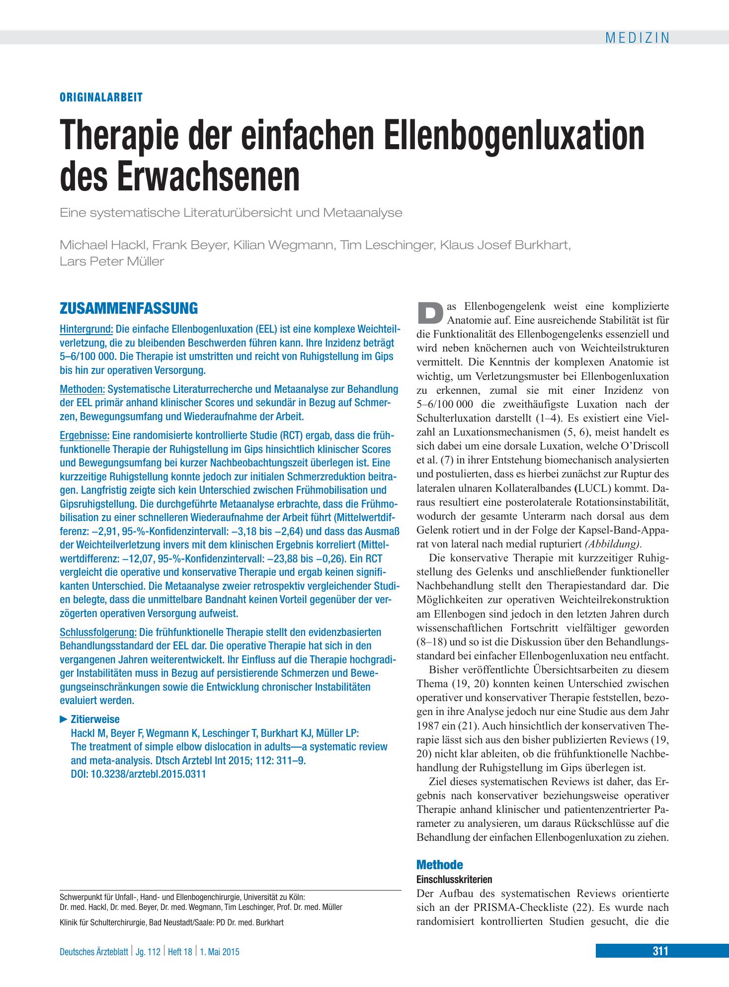 Vorschauseite 1: Therapie der einfachen Ellenbogenluxation des Erwachsenen – Deutsches Ärzteblatt