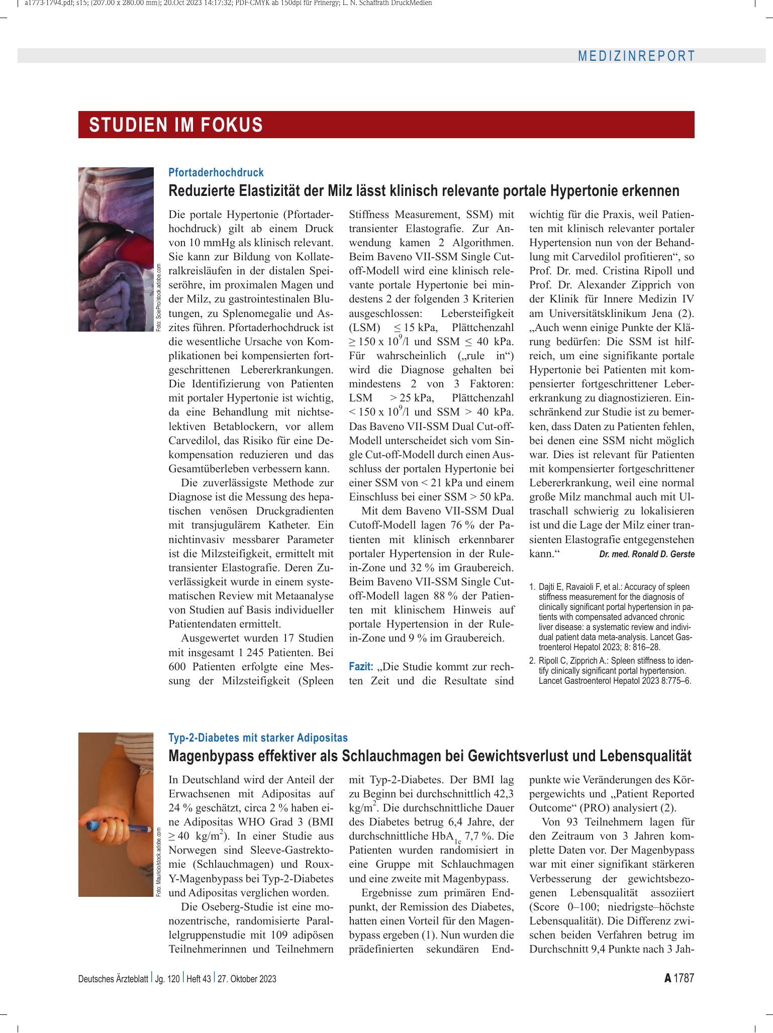 Vorschauseite 1: Pfortaderhochdruck: Reduzierte Elastizität der Milz lässt klinisch relevante portale Hypertonie erkennen – Deutsches Ärzteblatt