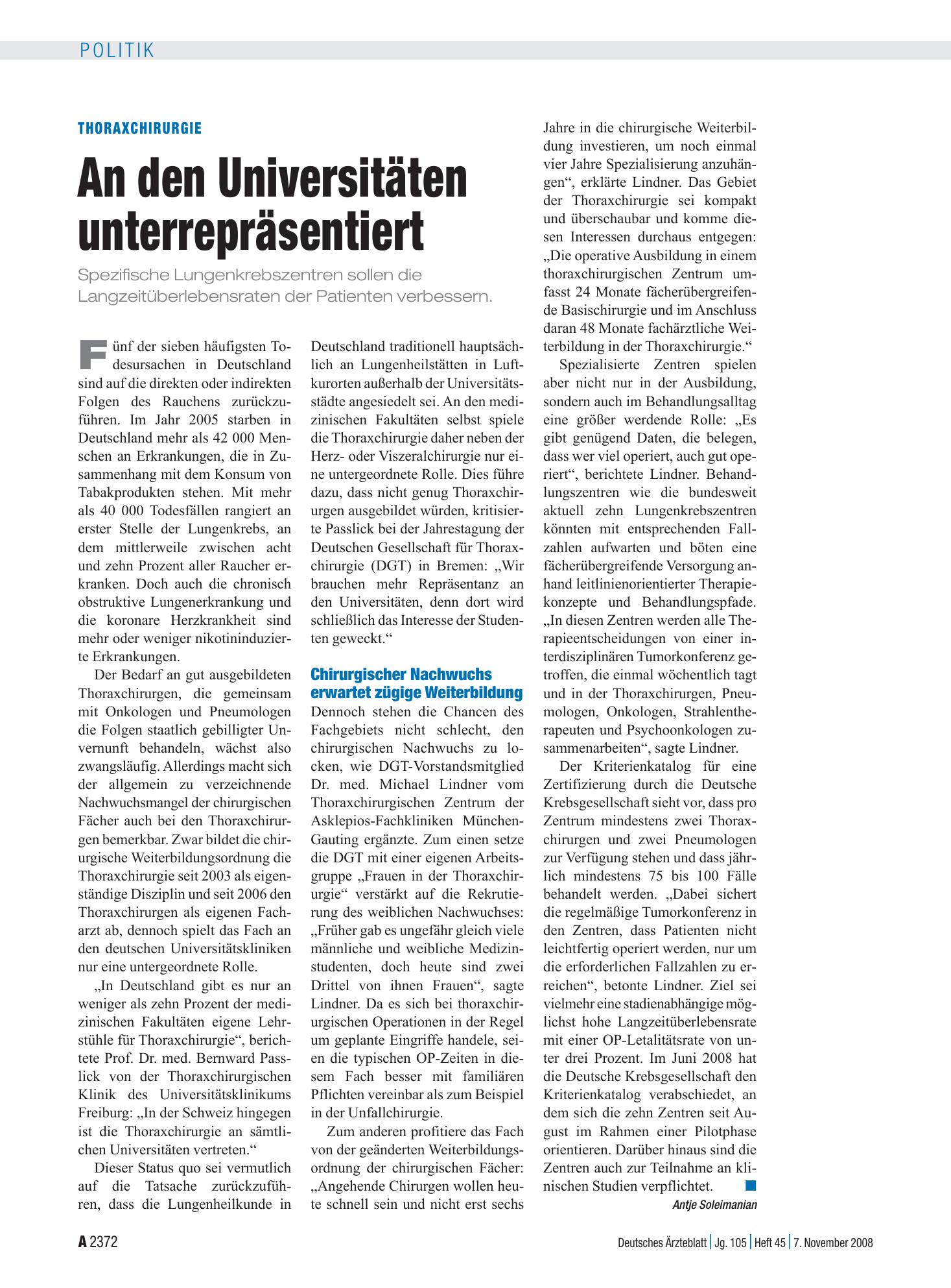 Vorschauseite 1: Thoraxchirurgie: An den Universitäten unterrepräsentiert – Deutsches Ärzteblatt