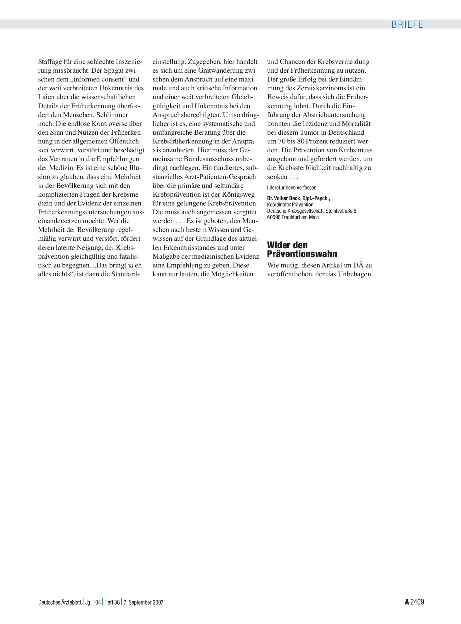 Vorschauseite 1: Prävention: Wider den Präventionswahn – Deutsches Ärzteblatt