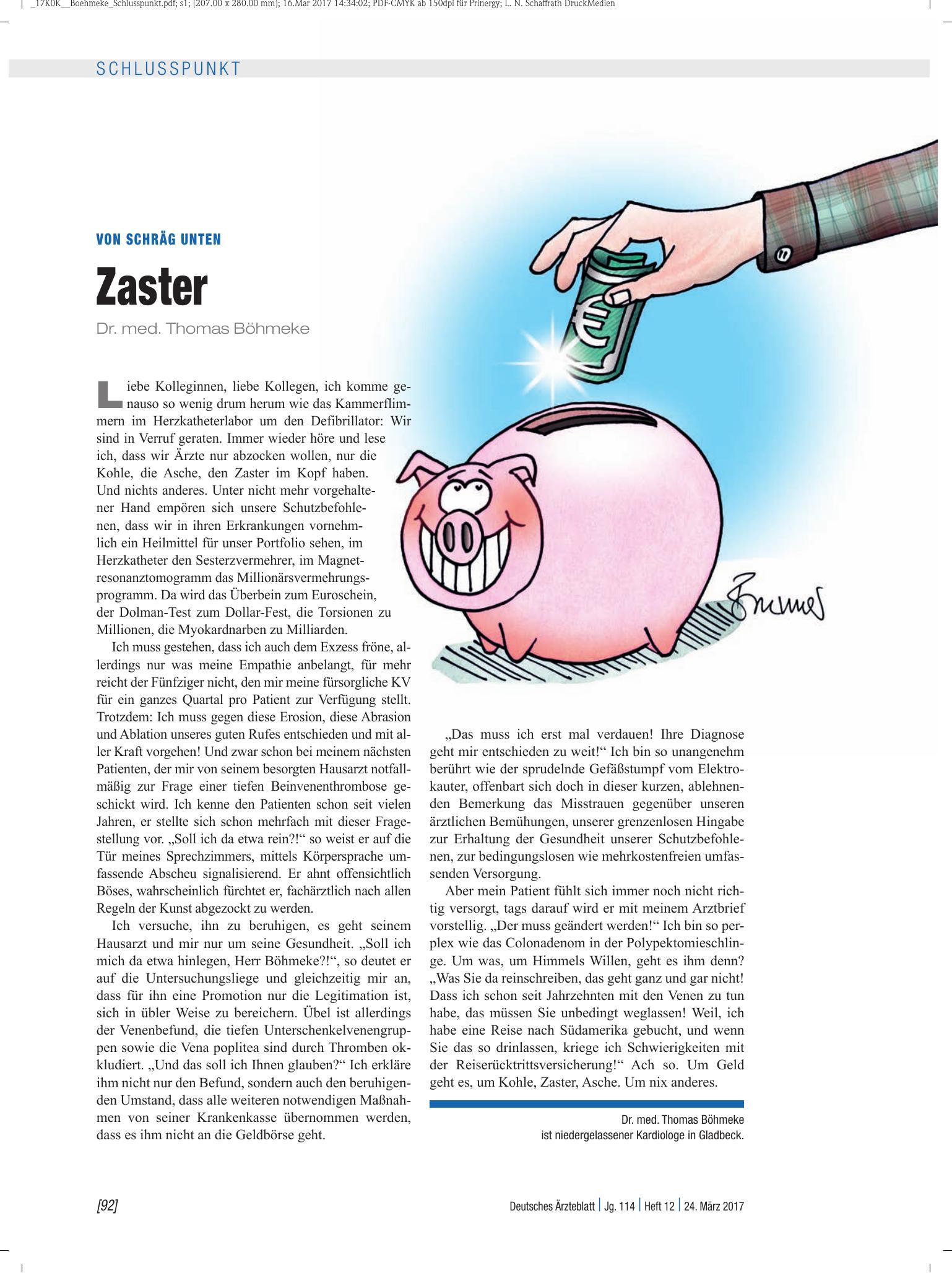 Vorschauseite 1: Von schräg unten: Zaster – Deutsches Ärzteblatt