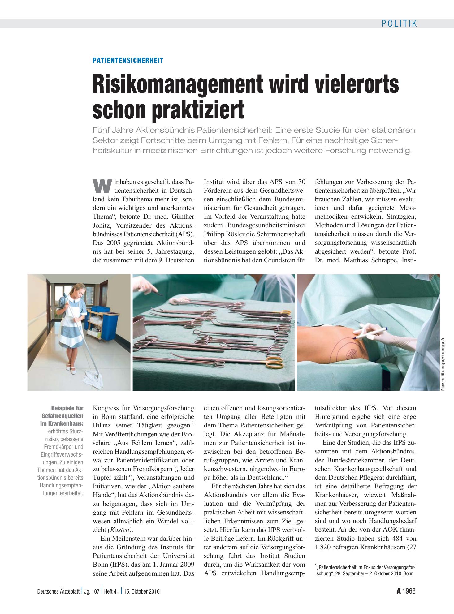 Vorschauseite 1: Patientensicherheit: Risikomanagement wird vielerorts schon praktiziert – Deutsches Ärzteblatt