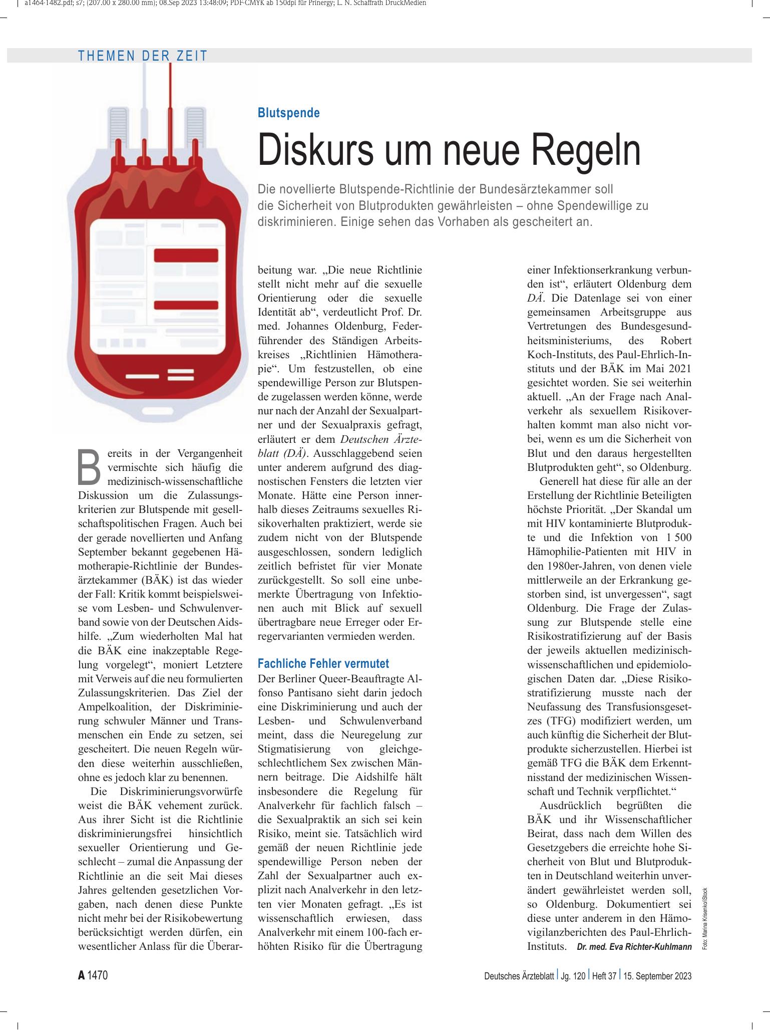 Vorschauseite 1: Blutspende: Diskurs um neue Regeln – Deutsches Ärzteblatt