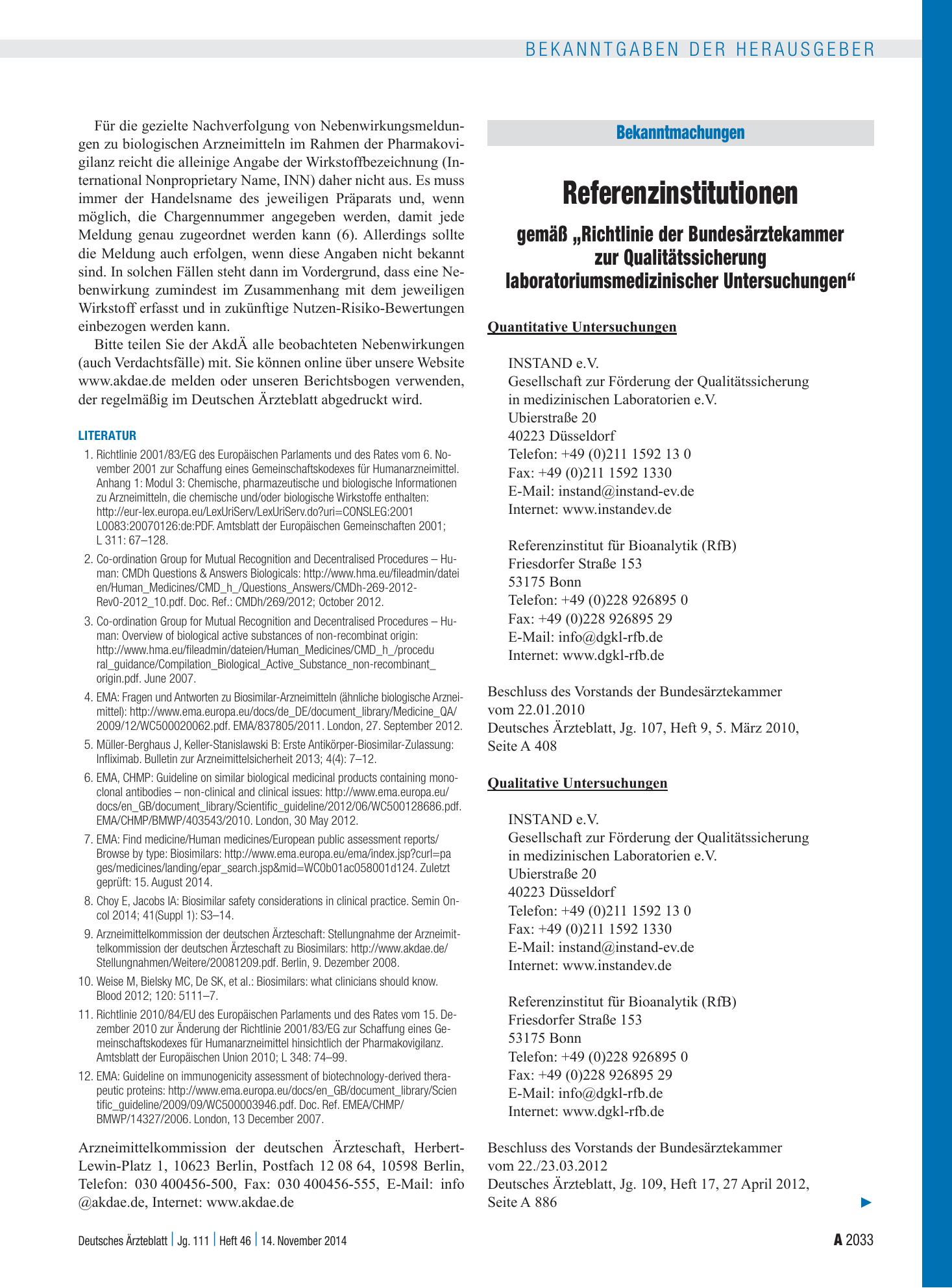 Vorschauseite 1: Referenzinstitutionen gemäß „Richtlinie der Bundesärztekammer zur Qualitätssicherung laboratoriumsmedizinischer Untersuchungen“ – Deutsches Ärzteblatt