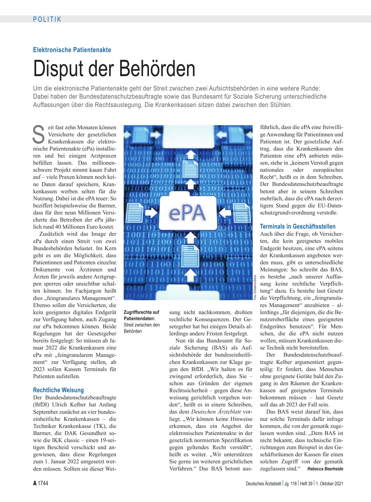 Vorschauseite 1: Elektronische Patientenakte: Disput der Behörden – Deutsches Ärzteblatt