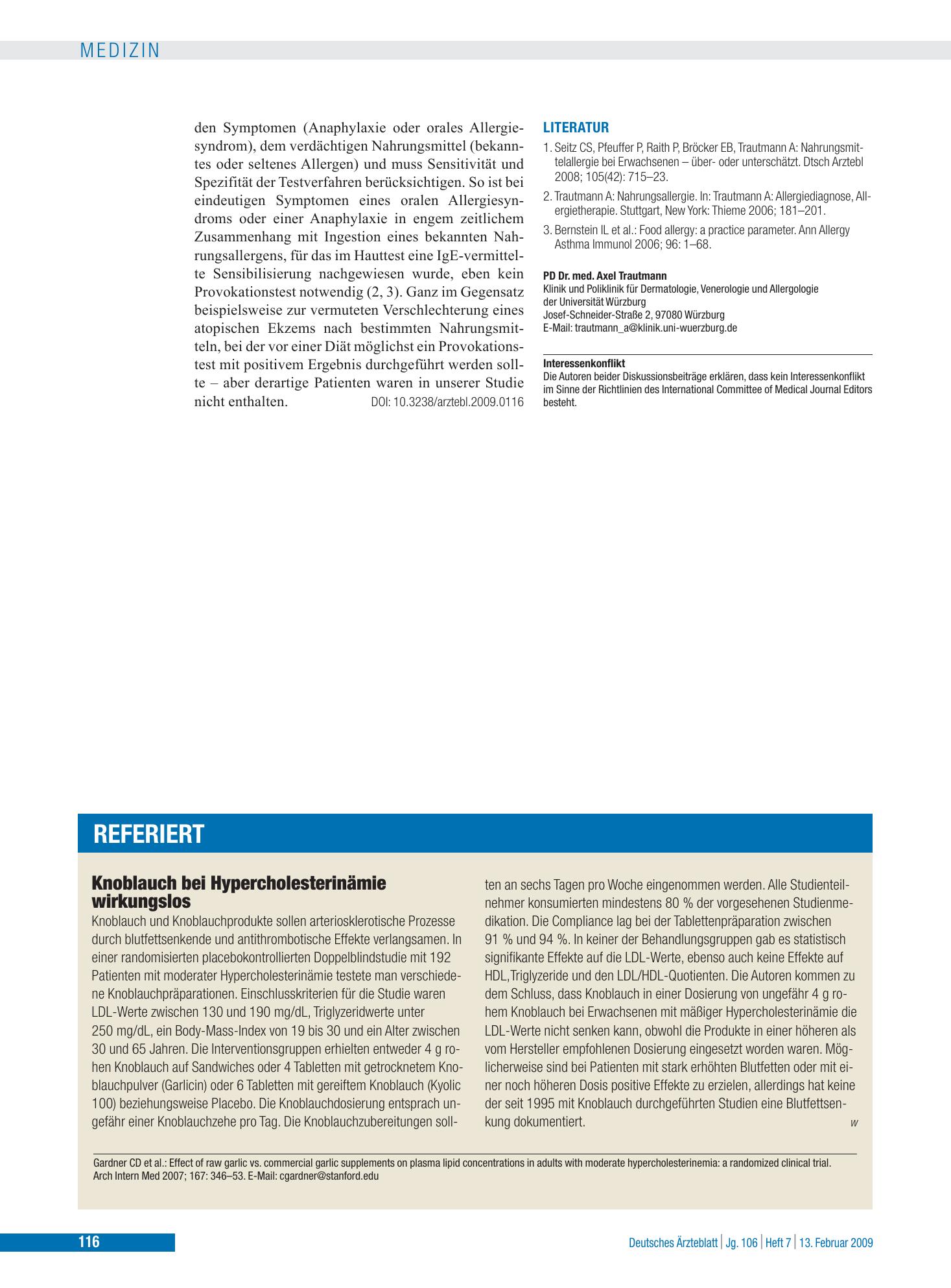 Vorschauseite 1: Knoblauch bei Hypercholesterinämie wirkungslos – Deutsches Ärzteblatt
