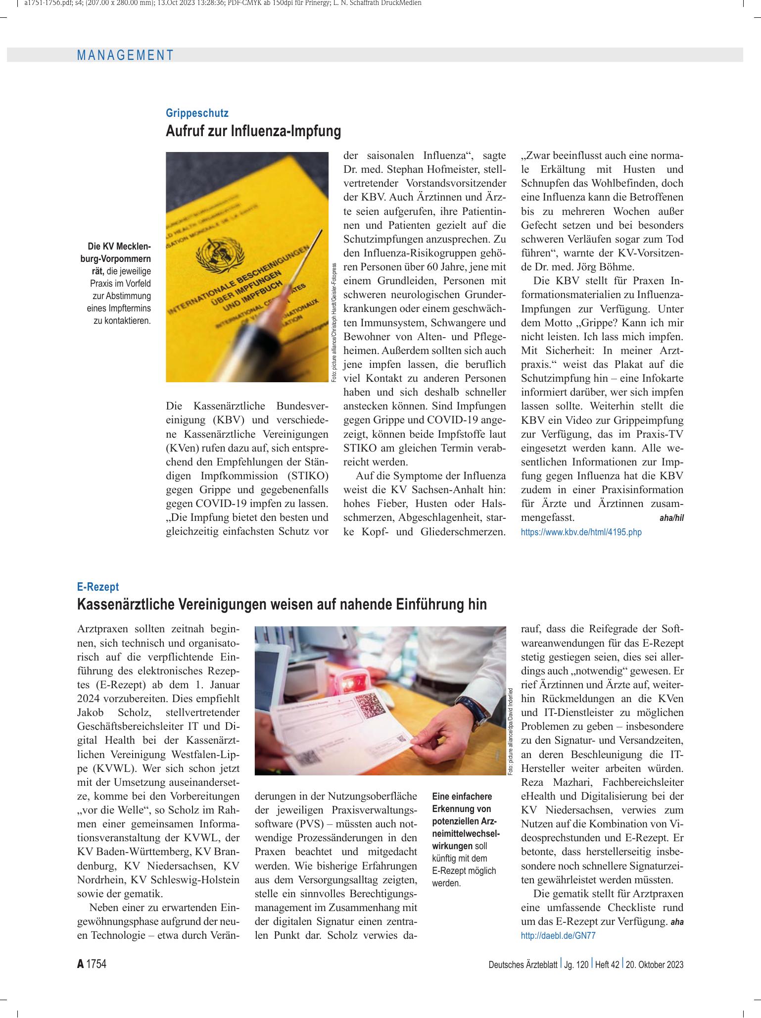 Vorschauseite 1: E-Rezept: Kassenärztliche Vereinigungen weisen auf nahende Einführung hin – Deutsches Ärzteblatt