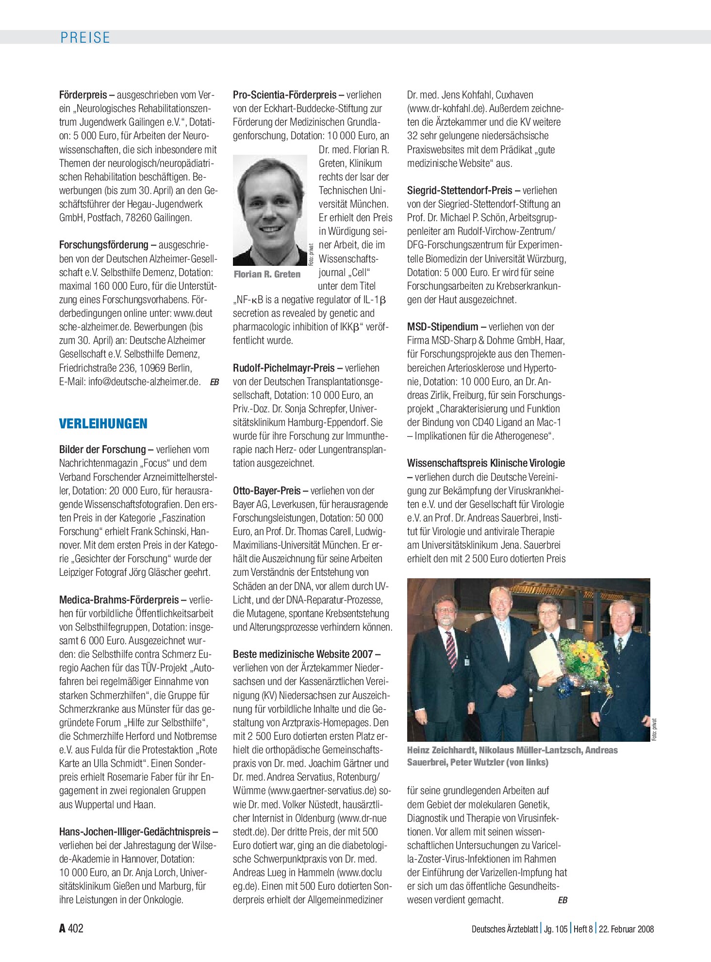 Vorschauseite 1: Verleihungen – Deutsches Ärzteblatt
