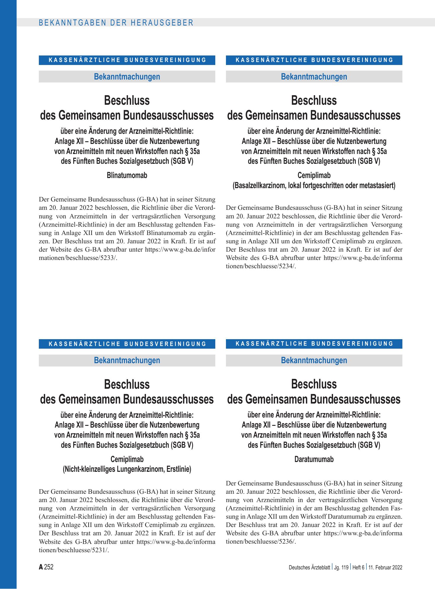 Vorschauseite 1: Beschluss des Gemeinsamen Bundesausschusses über eine Änderung der Arzneimittel-Richtlinie: Daratumumab – Deutsches Ärzteblatt