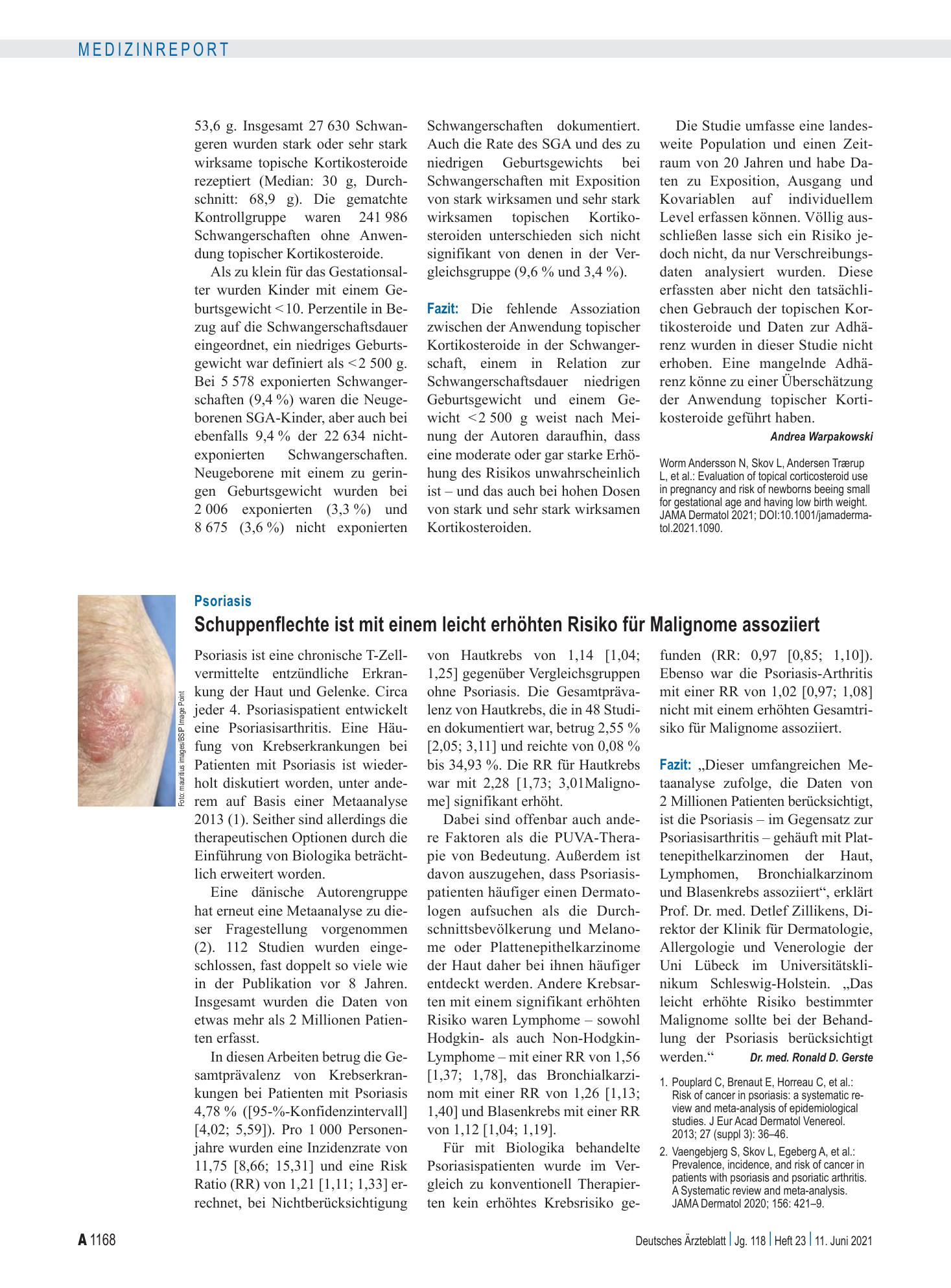 Vorschauseite 1: Psoriasis: Schuppenflechte ist mit einem leicht erhöhten Risiko für Malignome assoziiert – Deutsches Ärzteblatt