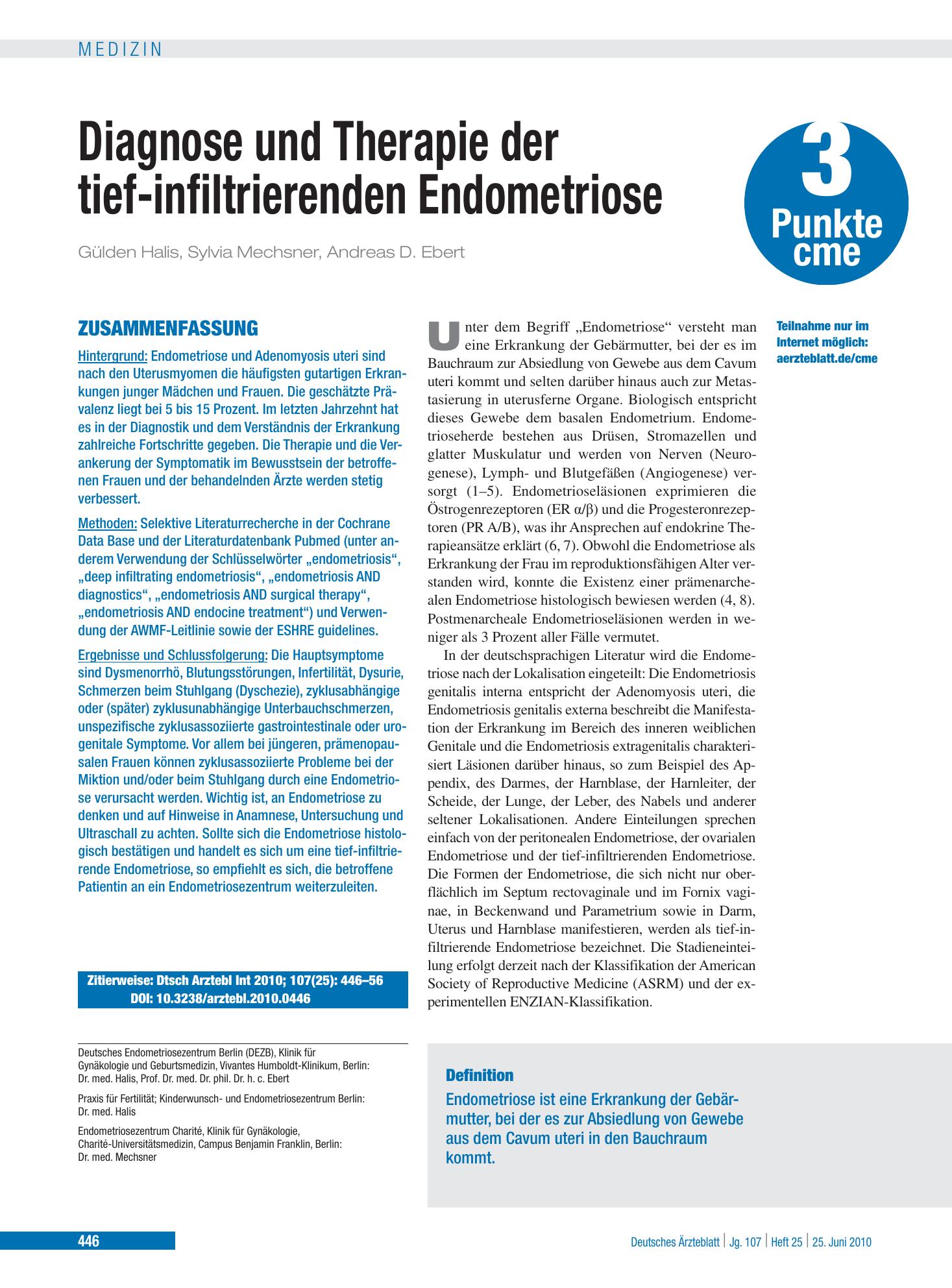 Vorschauseite 1: Diagnose und Therapie der tief-infiltrierenden Endometriose – Deutsches Ärzteblatt
