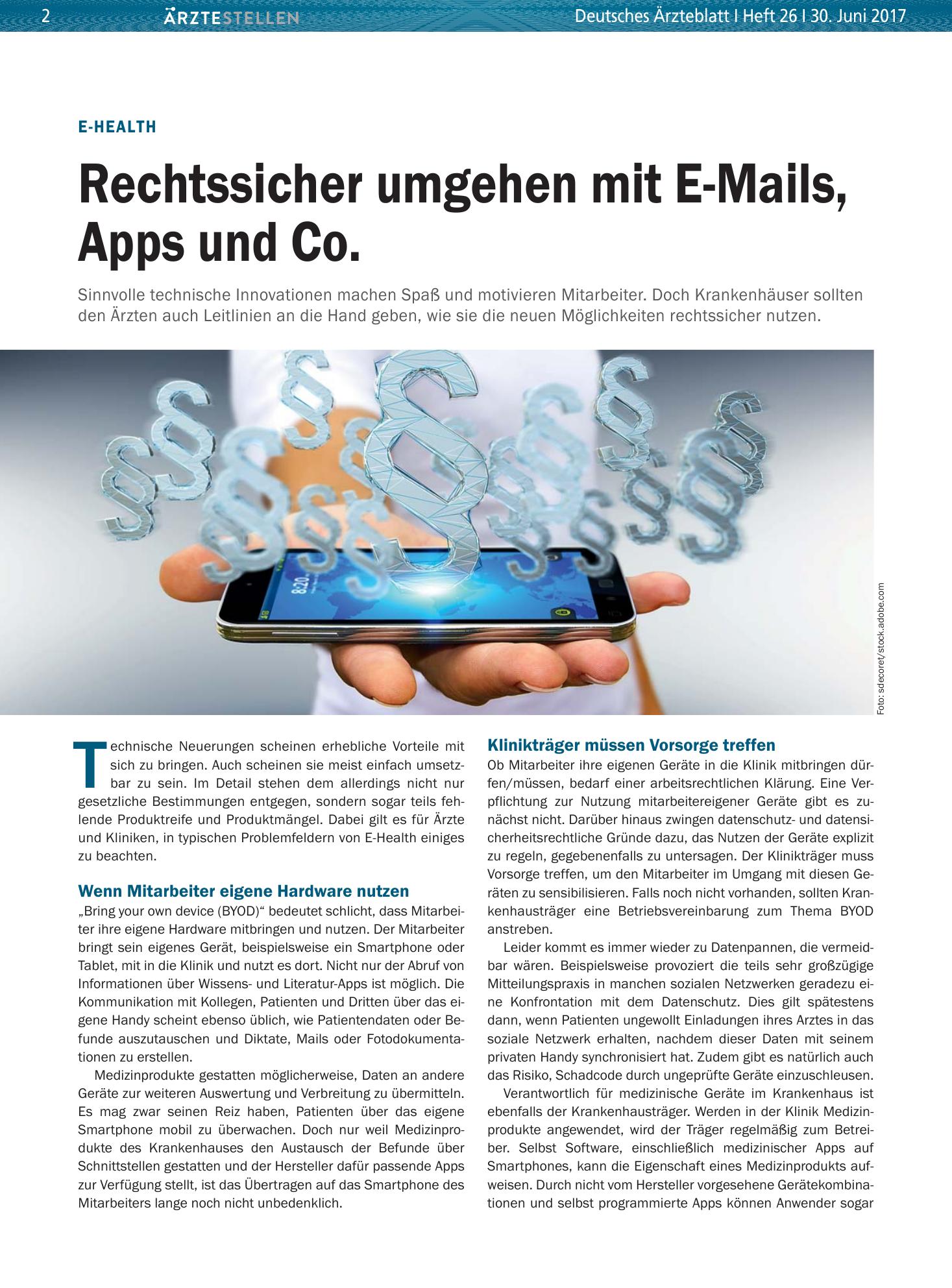 Vorschauseite 1: E-Health: Rechtssicher umgehen mit E-Mails, Apps und Co. – Deutsches Ärzteblatt