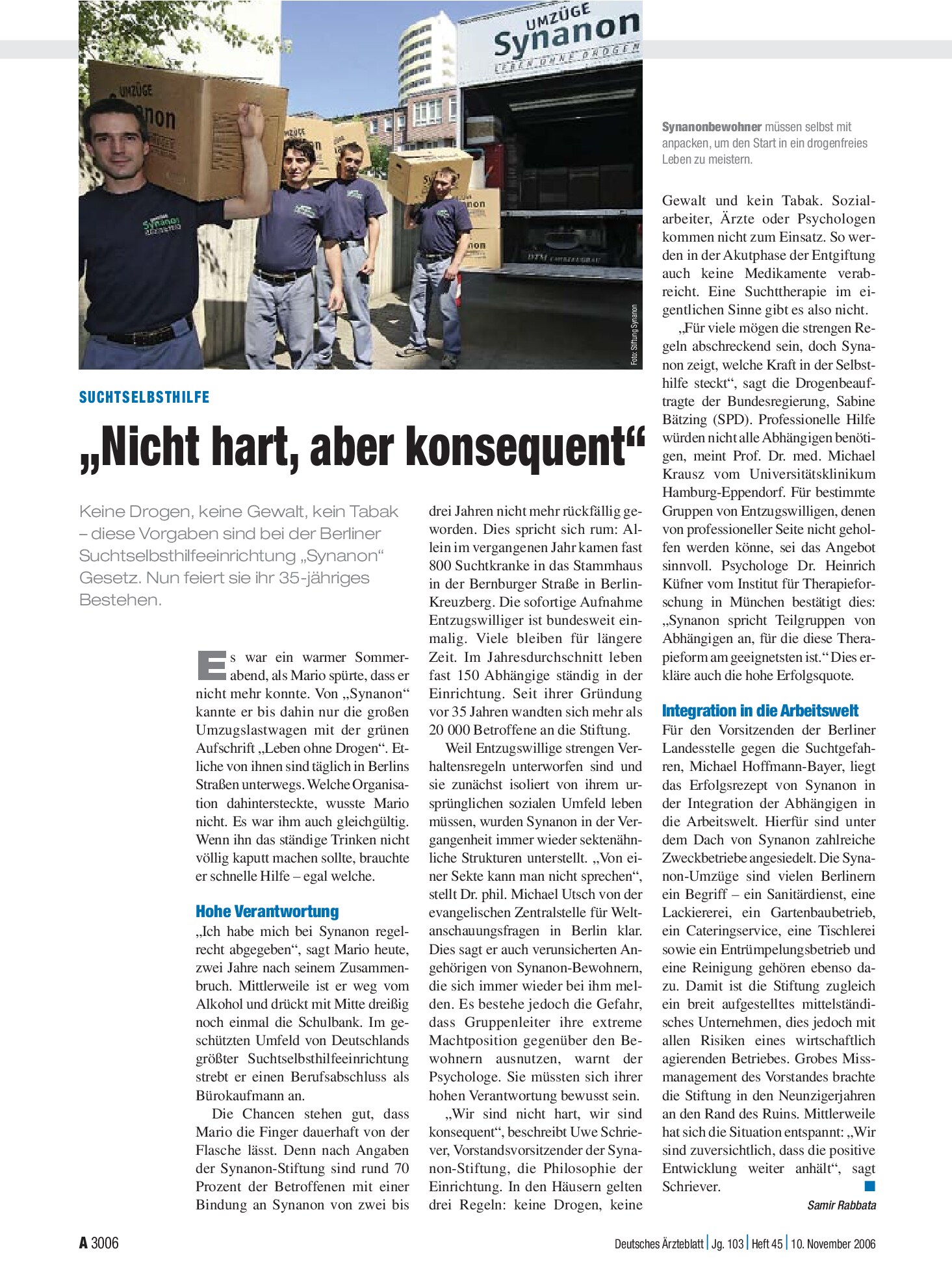 Vorschauseite 1: Suchtselbsthilfe: „Nicht hart, aber konsequent“ – Deutsches Ärzteblatt