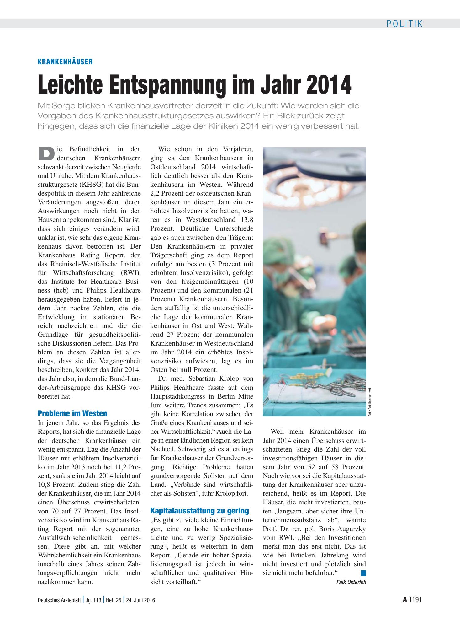 Vorschauseite 1: Krankenhäuser: Leichte Entspannung im Jahr 2014 – Deutsches Ärzteblatt