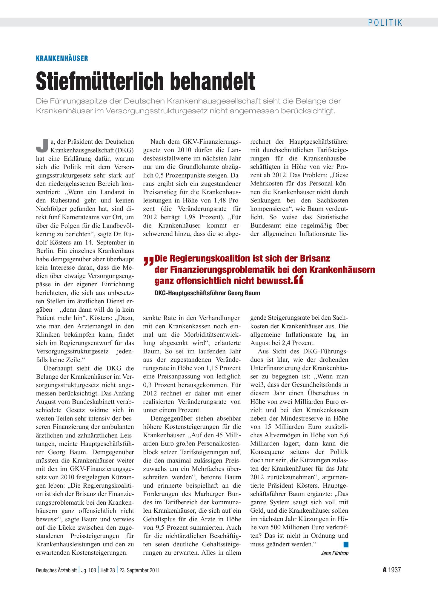 Vorschauseite 1: Krankenhäuser: Stiefmütterlich behandelt – Deutsches Ärzteblatt