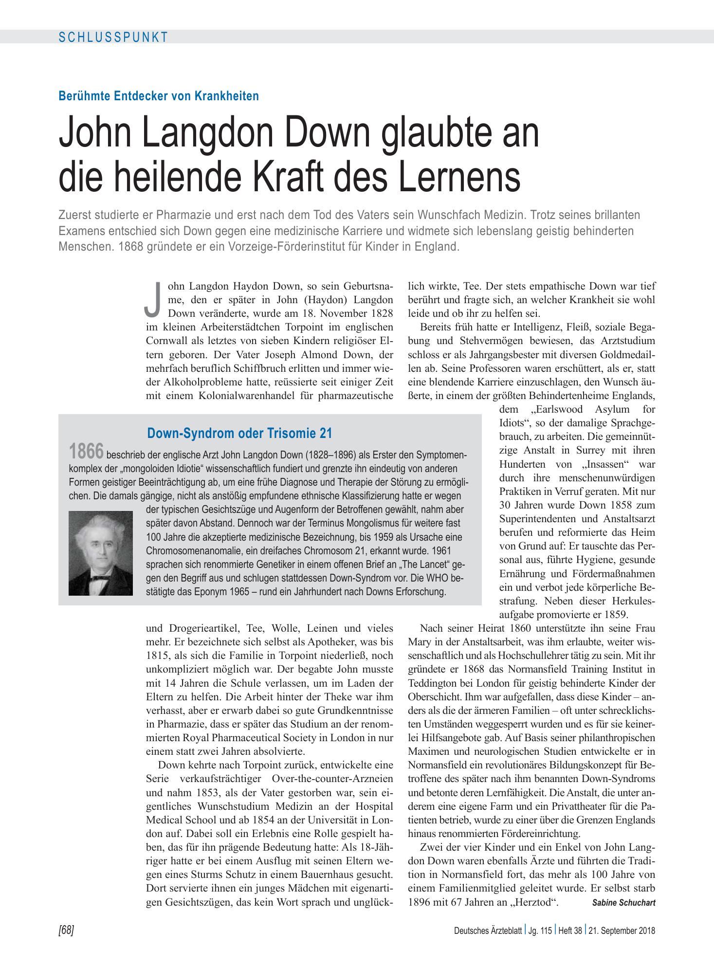 Vorschauseite 1: Berühmte Entdecker von Krankheiten: John Langdon Down glaubte an die heilende Kraft des Lernens – Deutsches Ärzteblatt