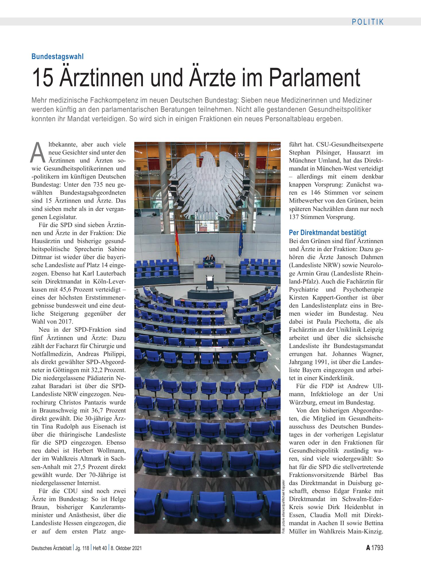 Vorschauseite 1: Bundestagswahl: 15 Ärztinnen und Ärzte im Parlament – Deutsches Ärzteblatt