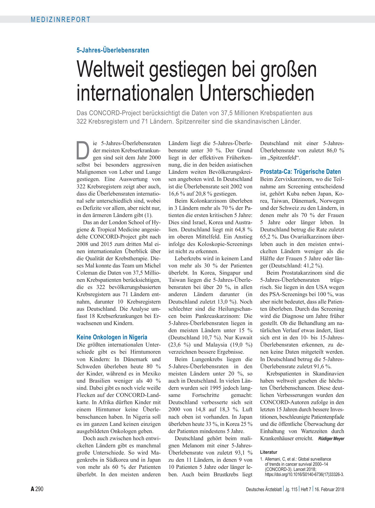 Vorschauseite 1: 5-Jahres-Überlebensraten: Weltweit gestiegen bei großen internationalen Unterschieden – Deutsches Ärzteblatt