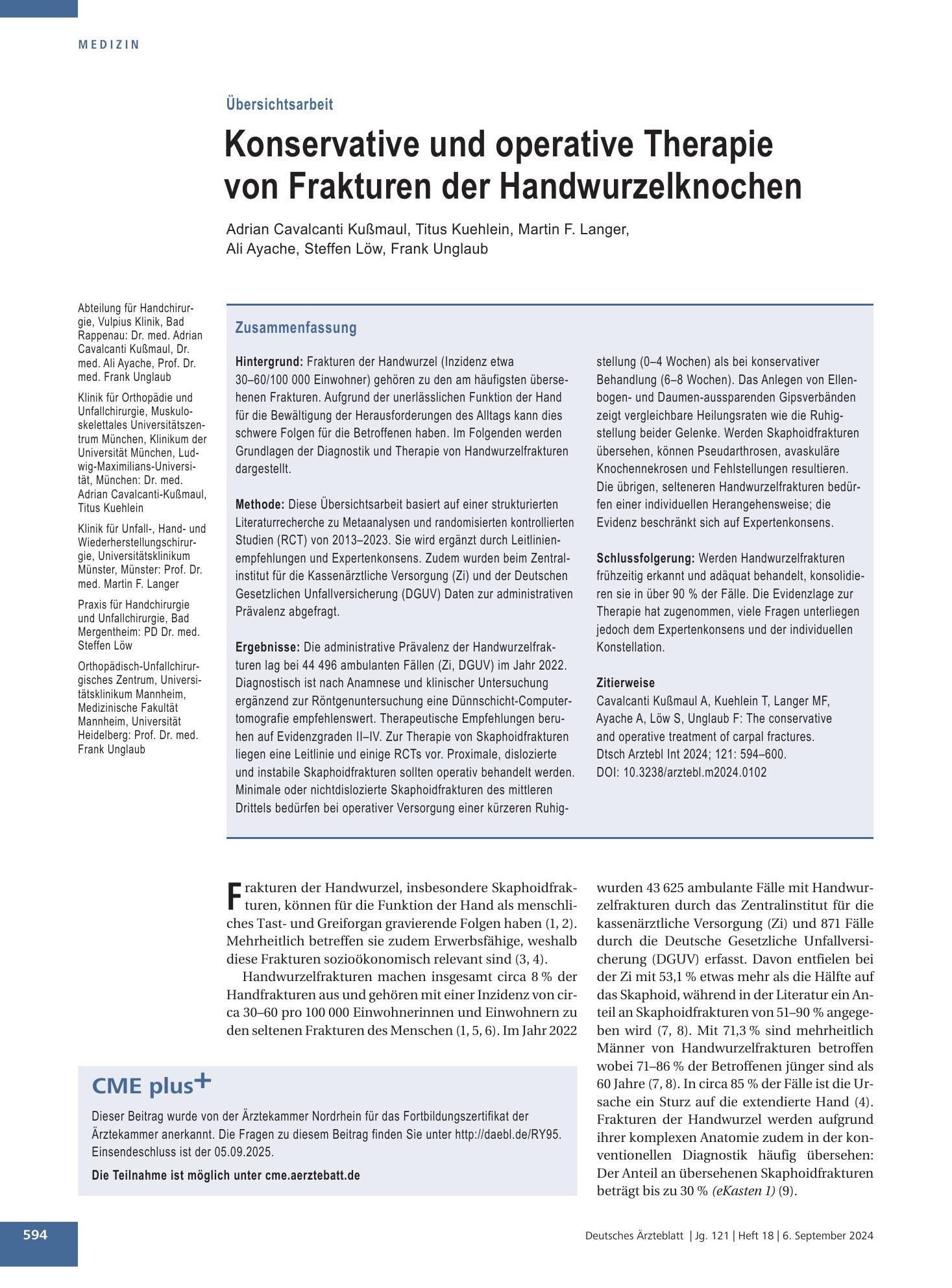 Vorschauseite 1: Konservative und operative Therapie von Frakturen der Handwurzelknochen – Deutsches Ärzteblatt