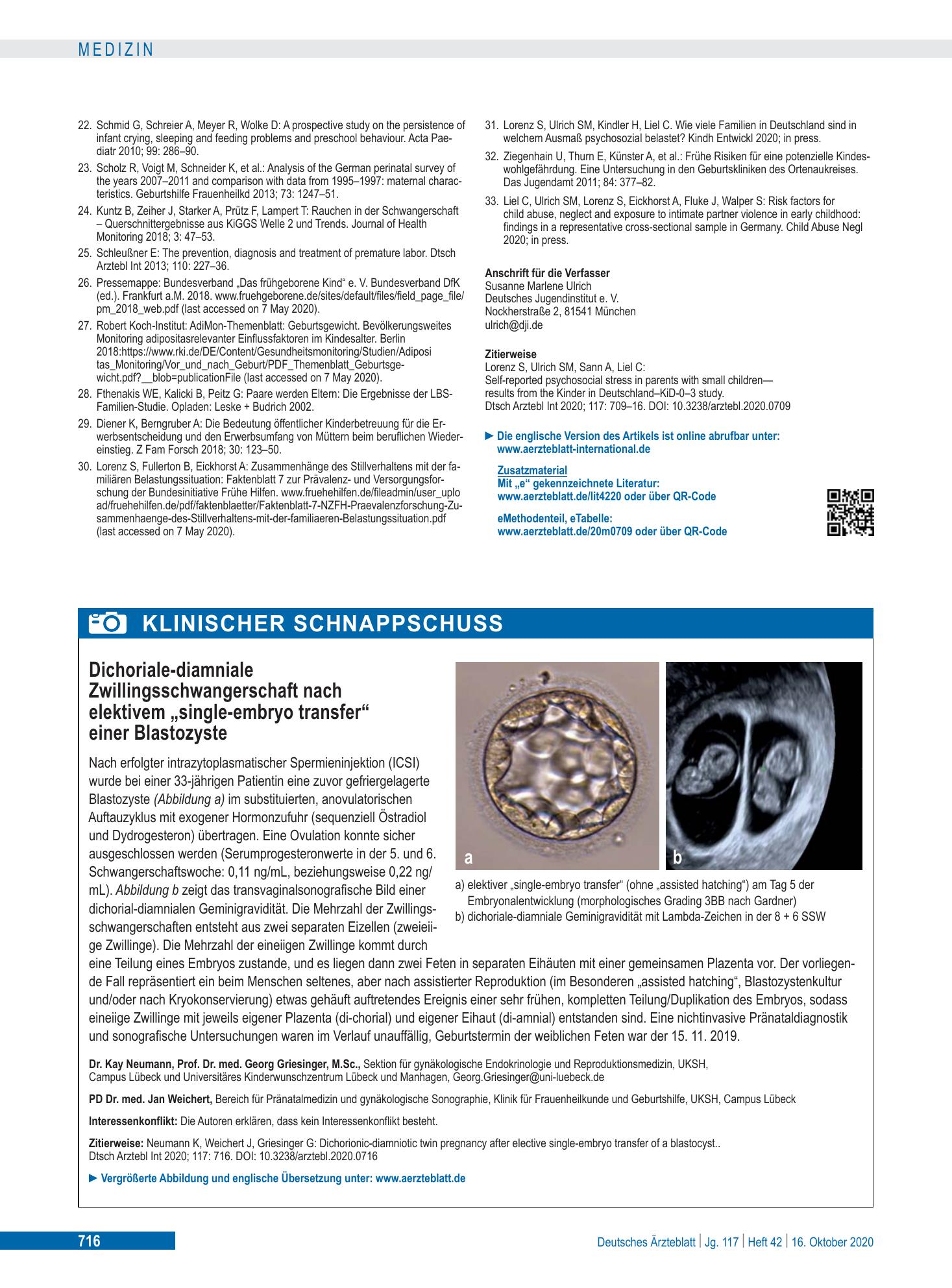 Vorschauseite 1: Dichoriale-diamniale Zwillingsschwangerschaft nach elektivem „single-embryo transfer“ einer Blastozyste – Deutsches Ärzteblatt