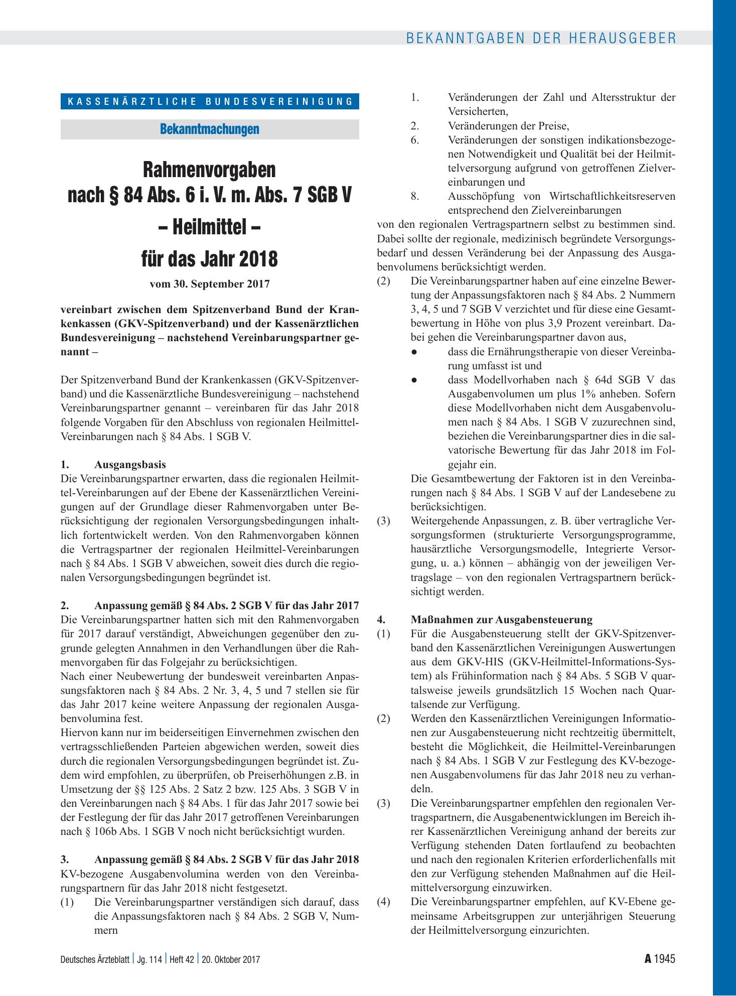 Vorschauseite 1: Rahmenvorgaben nach § 84 Abs. 6 i. V. m. Abs. 7 SGB V – Heilmittel – für das Jahr 2018 – Deutsches Ärzteblatt