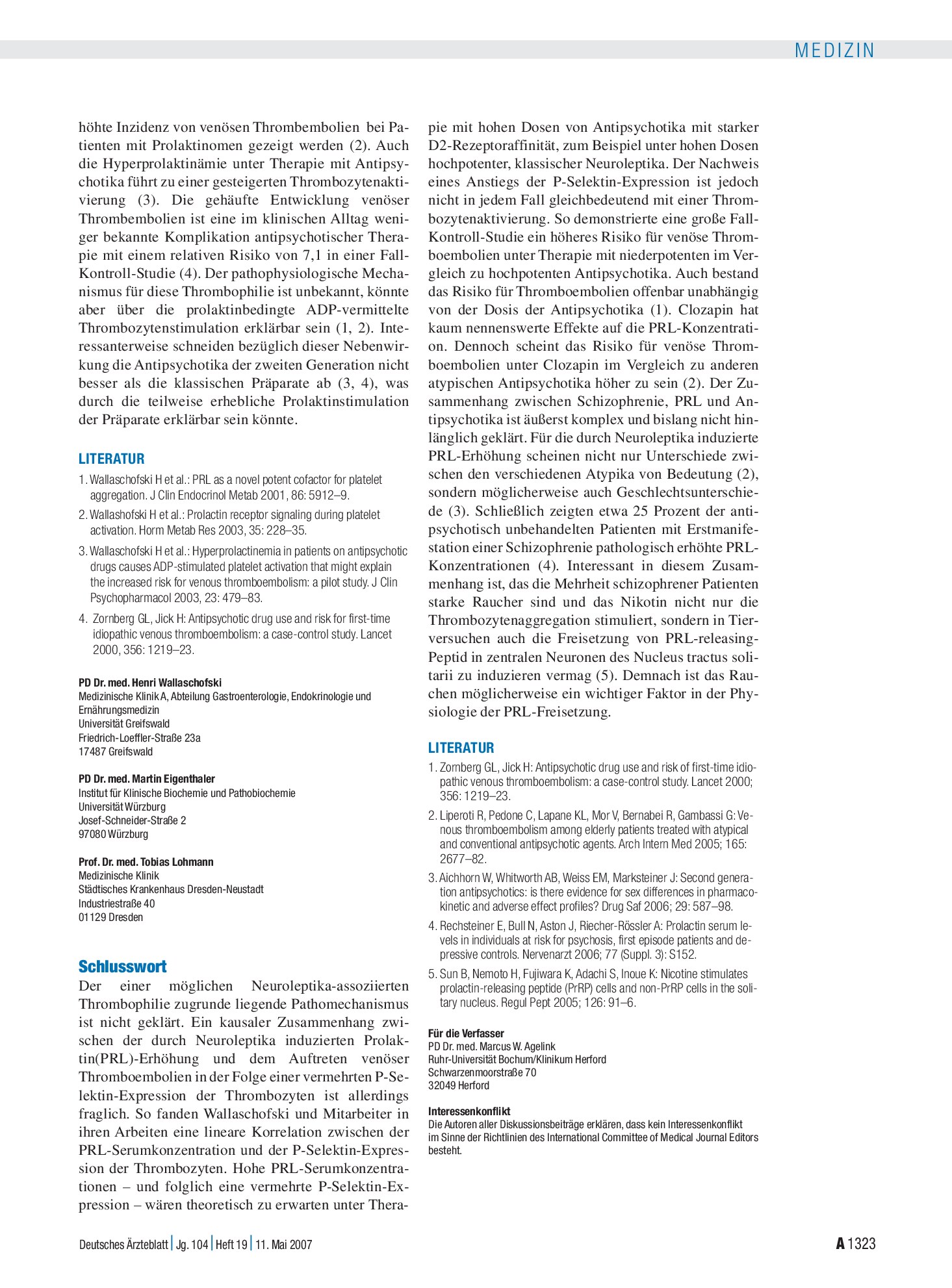 Vorschauseite 1: Allgemeinmedizinische Aspekte der Therapie mit Antipsychotika der zweiten Generation: Schlusswort – Deutsches Ärzteblatt