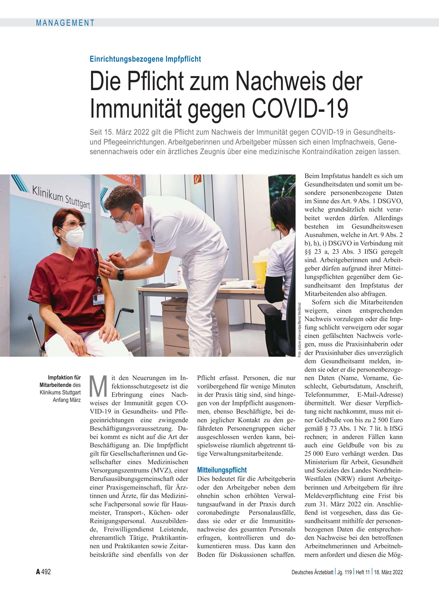 Vorschauseite 1: Einrichtungsbezogene Impfpflicht: Die Pflicht zum Nachweis der Immunität gegen COVID-19 – Deutsches Ärzteblatt