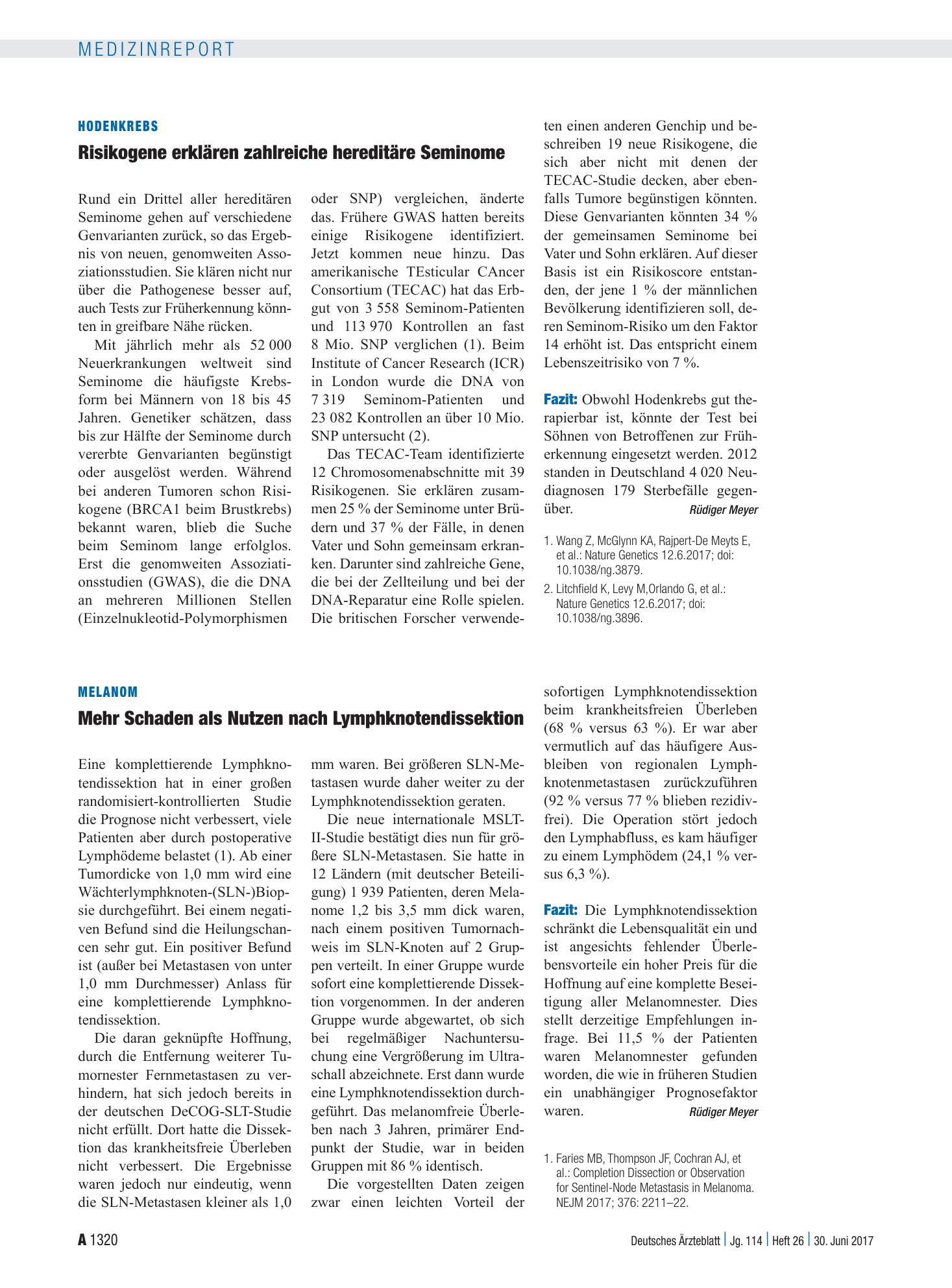 Vorschauseite 1: Hodenkrebs: Risikogene erklären zahlreiche hereditäre Seminome – Deutsches Ärzteblatt