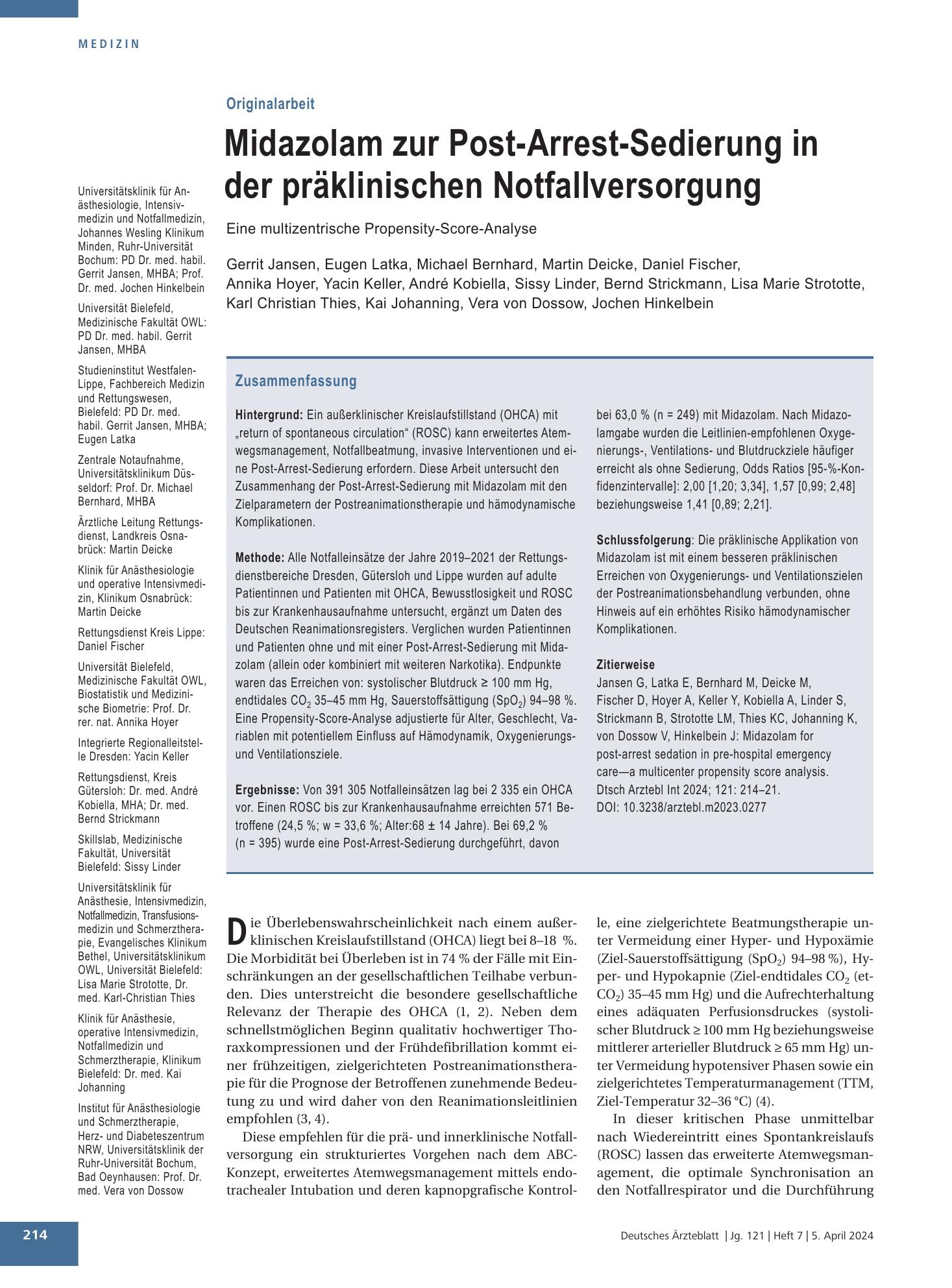 Vorschauseite 1: Midazolam zur Post-Arrest-Sedierung in der präklinischen Notfallversorgung – Deutsches Ärzteblatt
