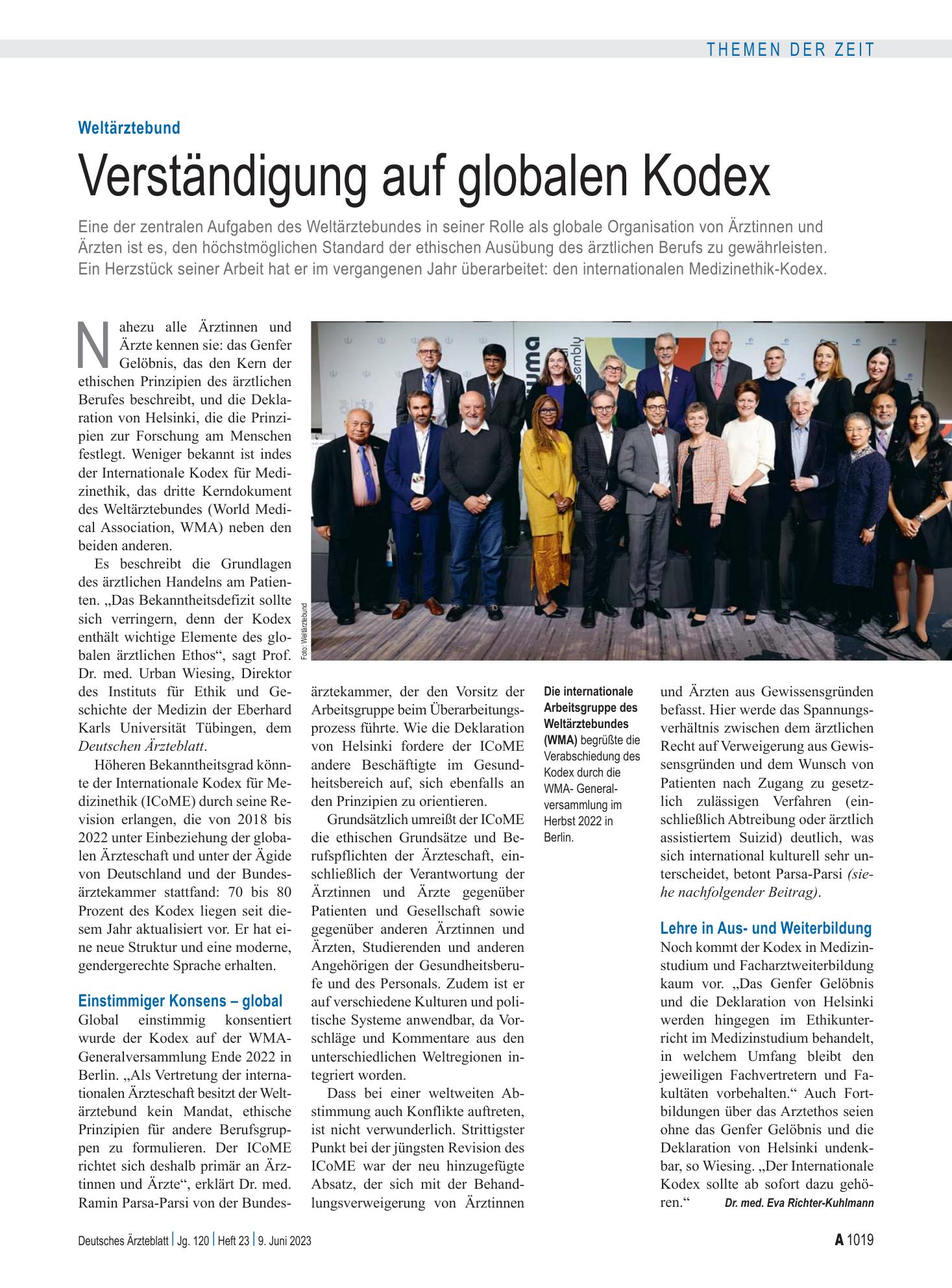 Vorschauseite 1: Weltärztebund: Verständigung auf globalen Kodex – Deutsches Ärzteblatt