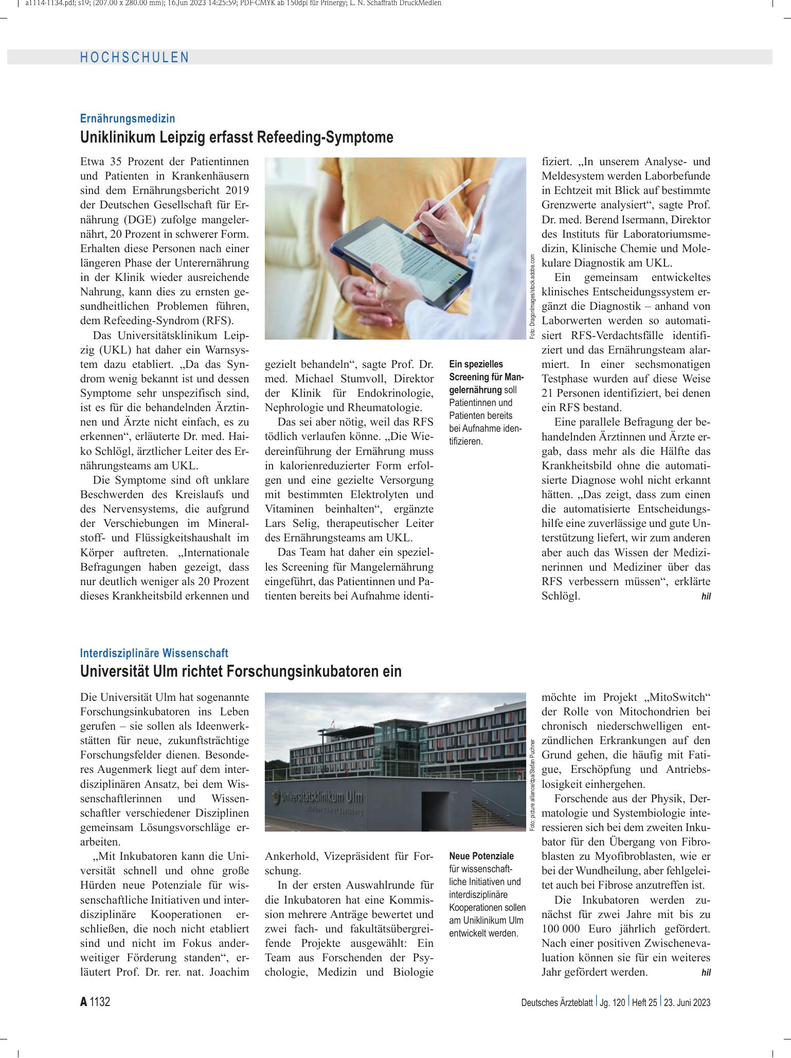 Vorschauseite 1: Interdisziplinäre Wissenschaft: Universität Ulm richtet Forschungsinkubatoren ein – Deutsches Ärzteblatt