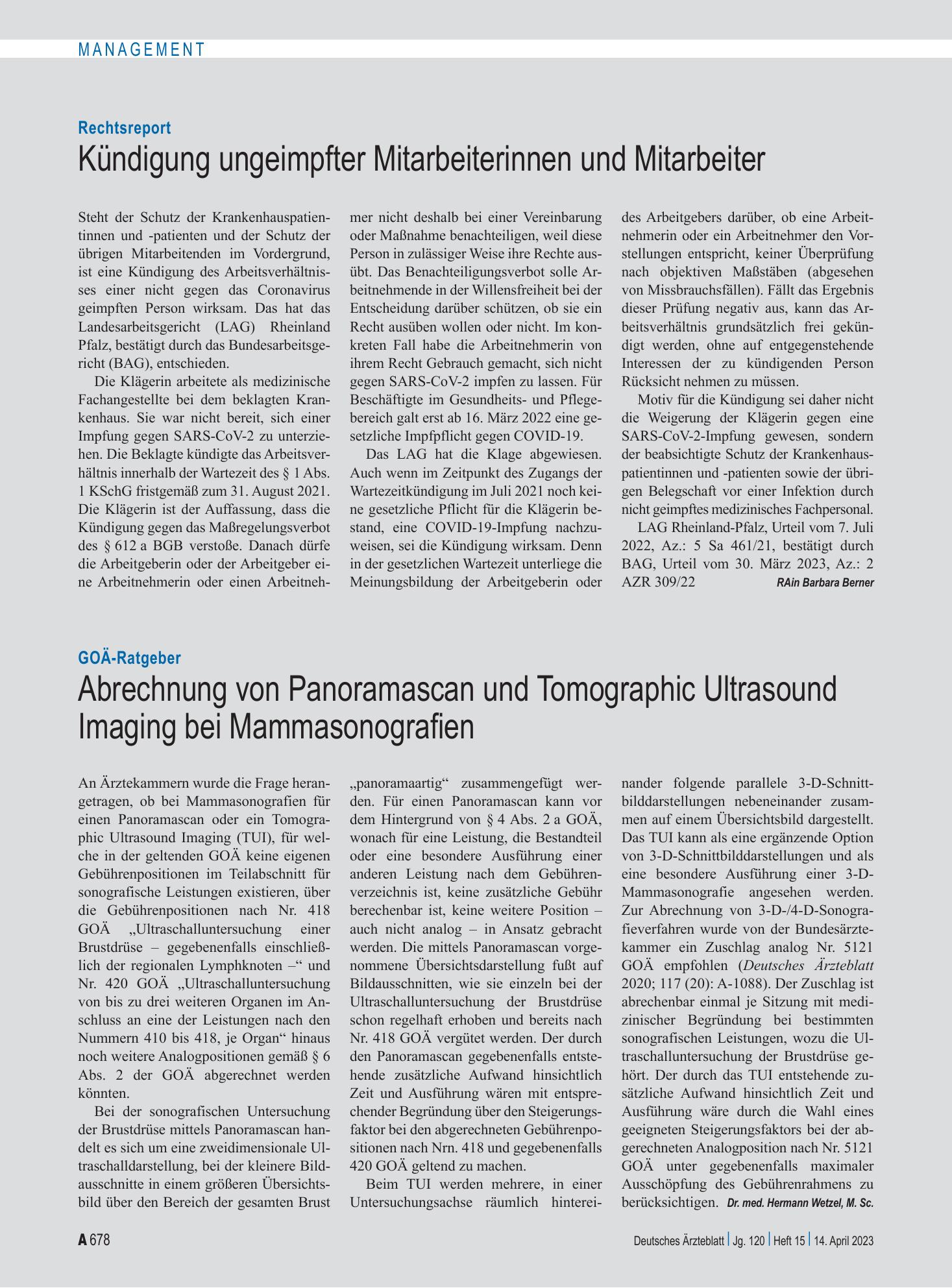 Vorschauseite 1: Rechtsreport: Kündigung ungeimpfter Mitarbeiterinnen und Mitarbeiter – Deutsches Ärzteblatt