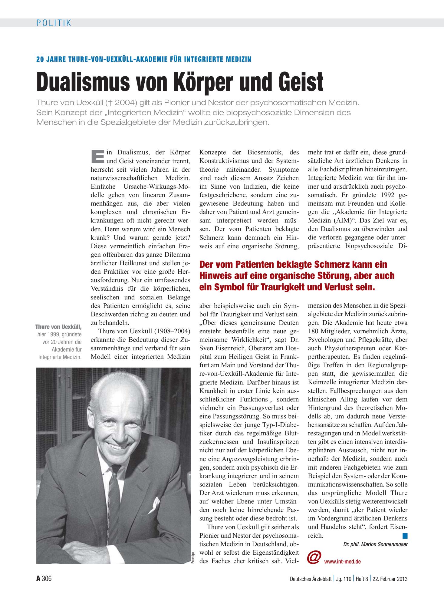 Vorschauseite 1: 20 Jahre Thure-von-Uexküll-Akademie für Integrierte Medizin: Dualismus von Körper und Geist – Deutsches Ärzteblatt