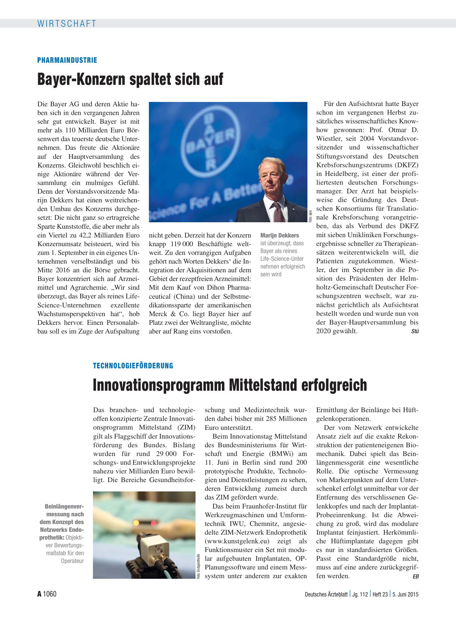 Vorschauseite 1: Technologieförderung: Innovationsprogramm Mittelstand erfolgreich – Deutsches Ärzteblatt