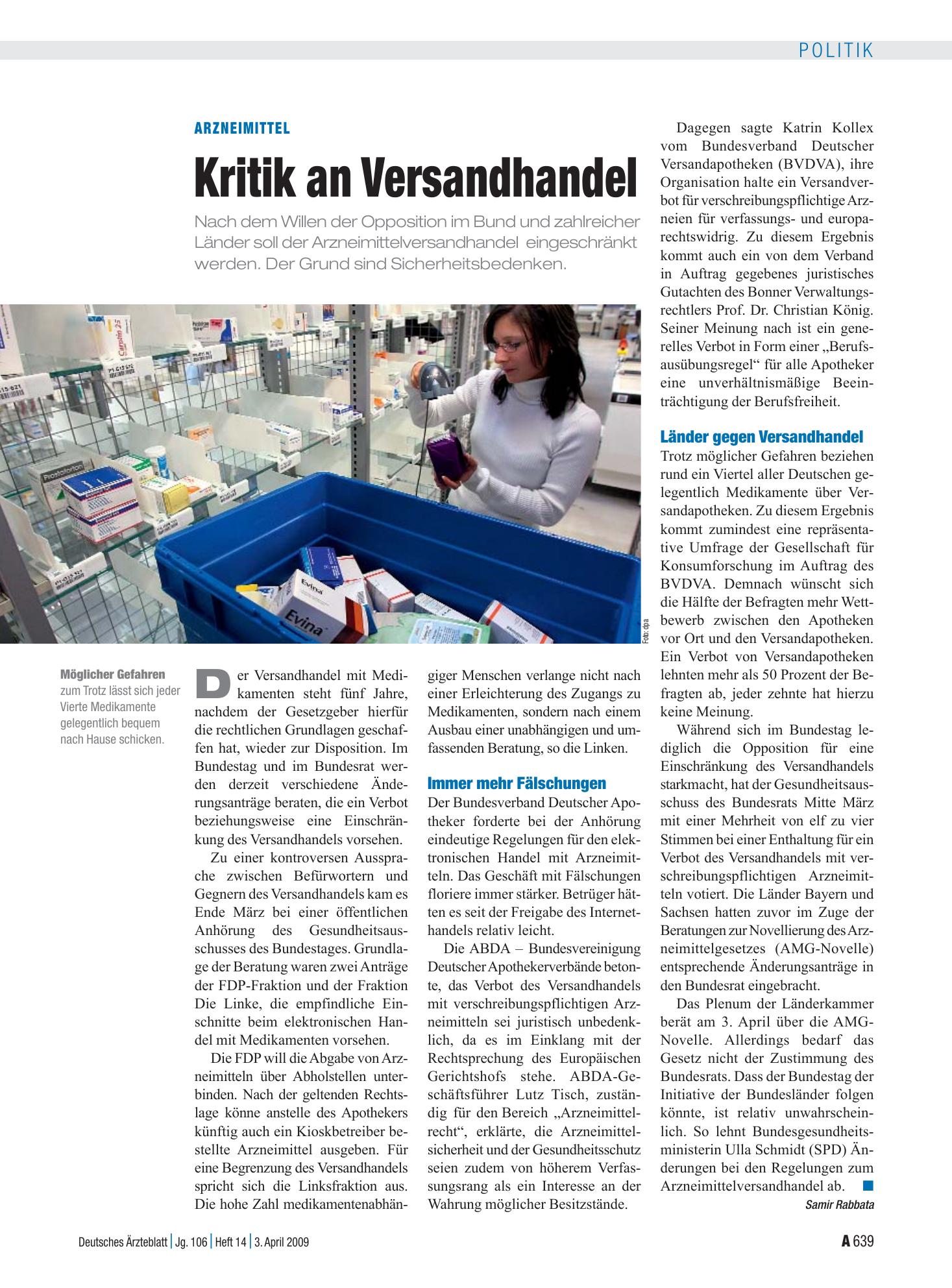 Vorschauseite 1: Arzneimittel: Kritik an Versandhandel – Deutsches Ärzteblatt