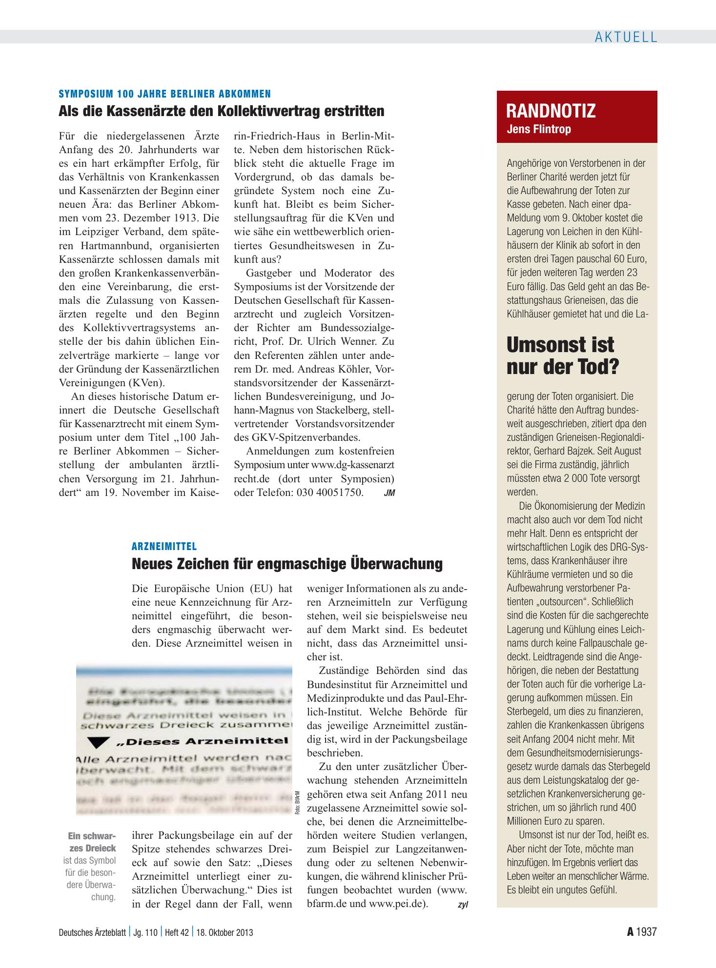 Vorschauseite 1: Arzneimittel: Neues Zeichen für engmaschige Überwachung – Deutsches Ärzteblatt