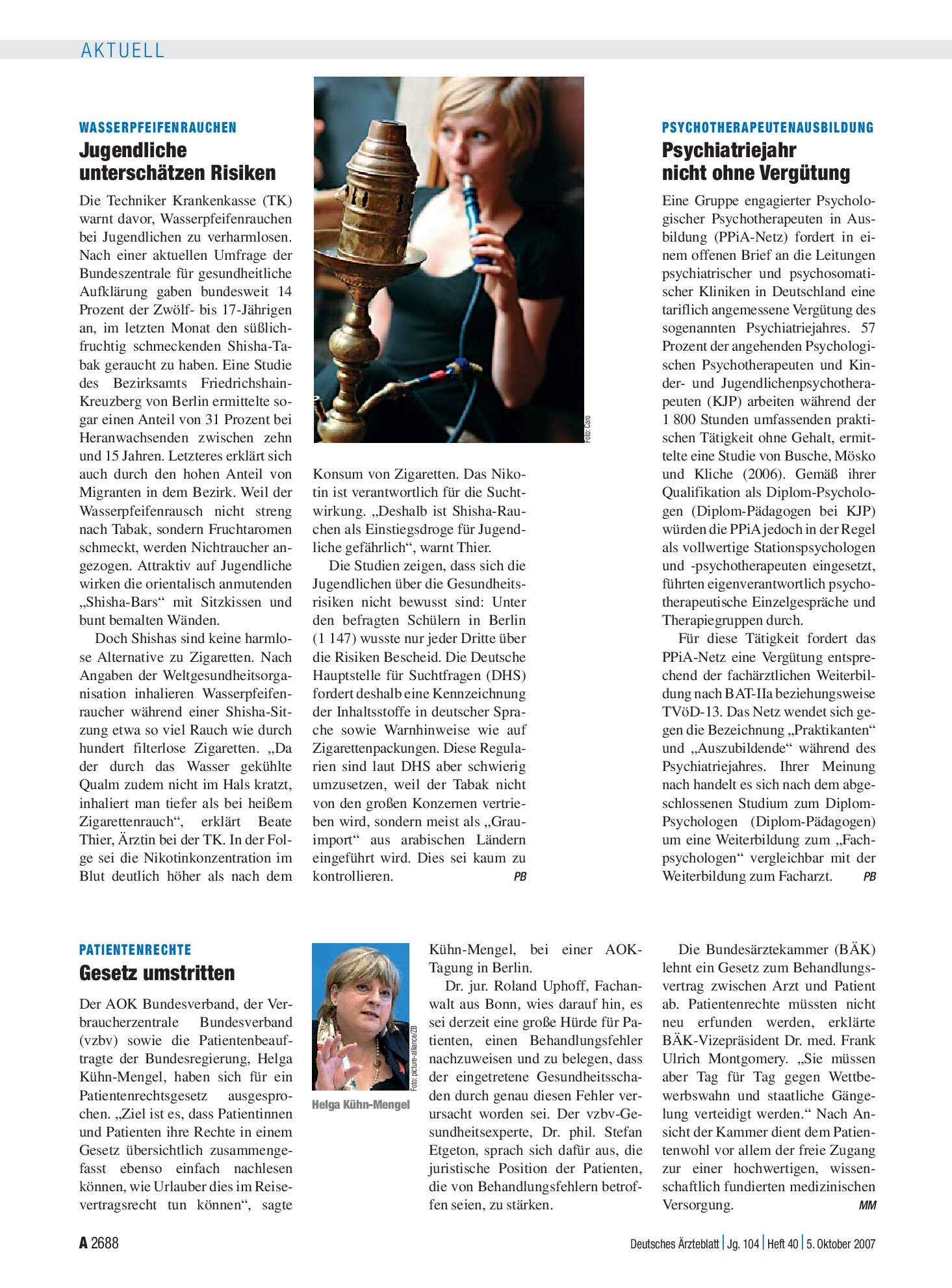 Vorschauseite 1: Wasserpfeifenrauchen: Jugendliche unterschätzen Risiken – Deutsches Ärzteblatt