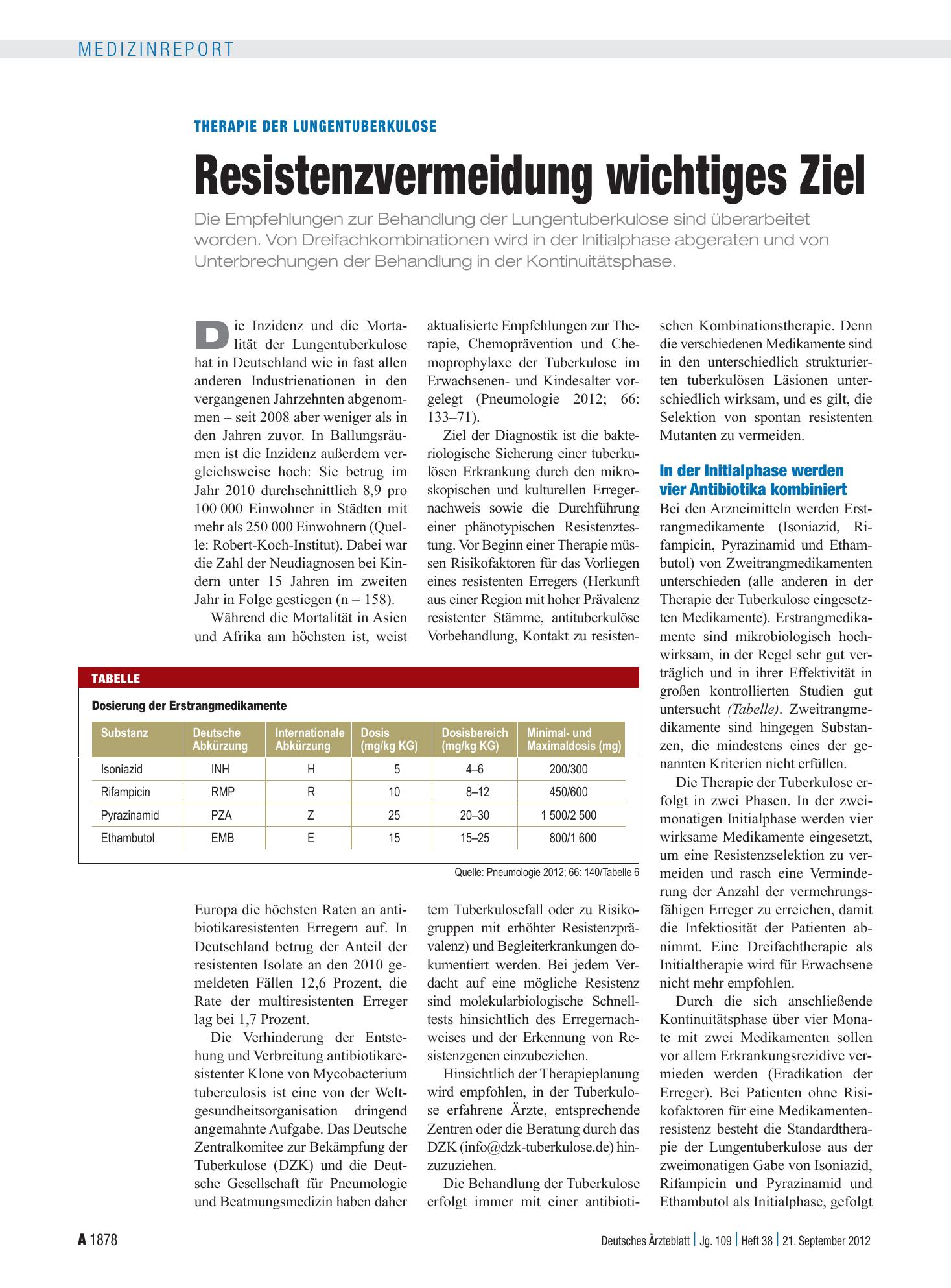 Vorschauseite 1: Therapie der Lungentuberkulose: Resistenzvermeidung wichtiges Ziel – Deutsches Ärzteblatt