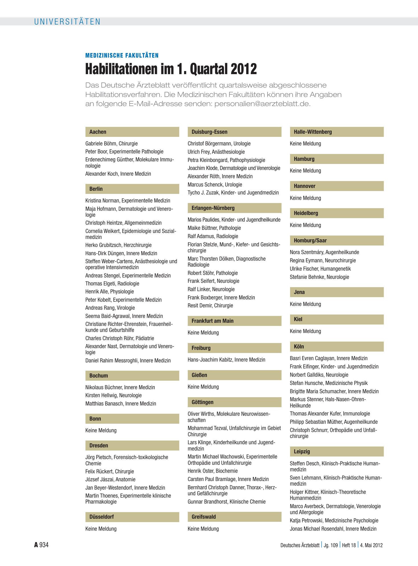 Vorschauseite 1: Medizinische Fakultäten: Habilitationen im 1. Quartal 2012 – Deutsches Ärzteblatt