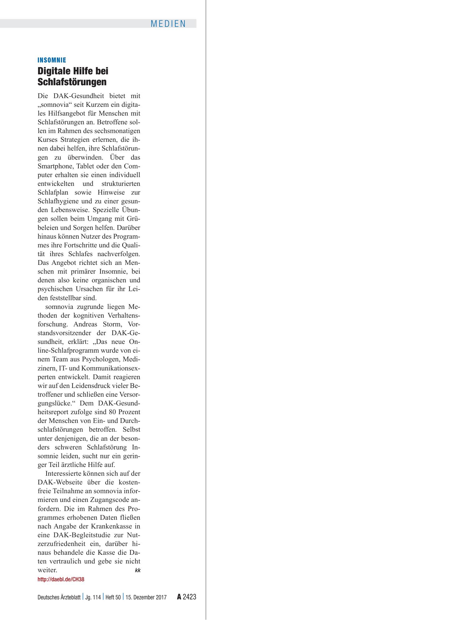 Vorschauseite 1: Insomnie: Digitale Hilfe bei Schlafstörungen – Deutsches Ärzteblatt