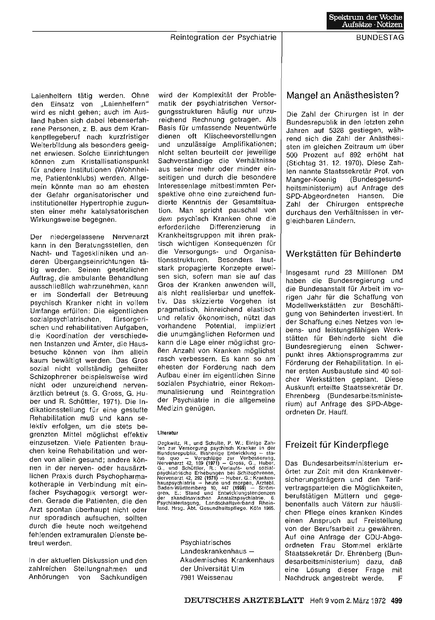 Vorschauseite 1: Mangel an Anästhesisten? / Werkstätten für Behinderte /Freizeit für Kinderpflege