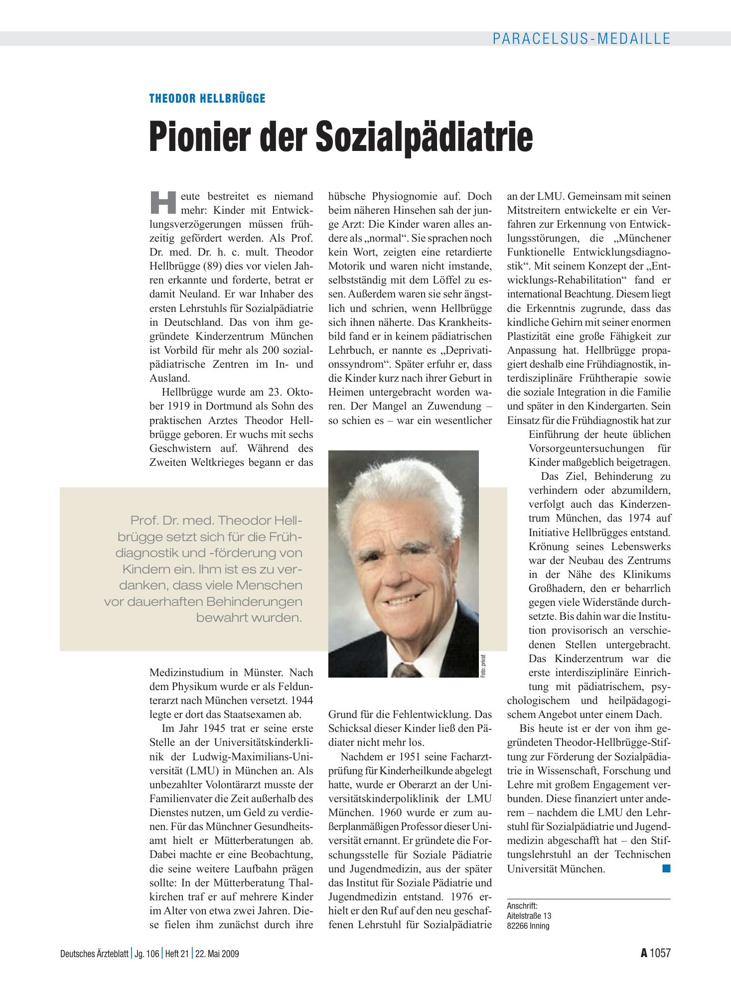 Vorschauseite 1: Theodor Hellbrügge: Pionier der Sozialpädiatrie – Deutsches Ärzteblatt