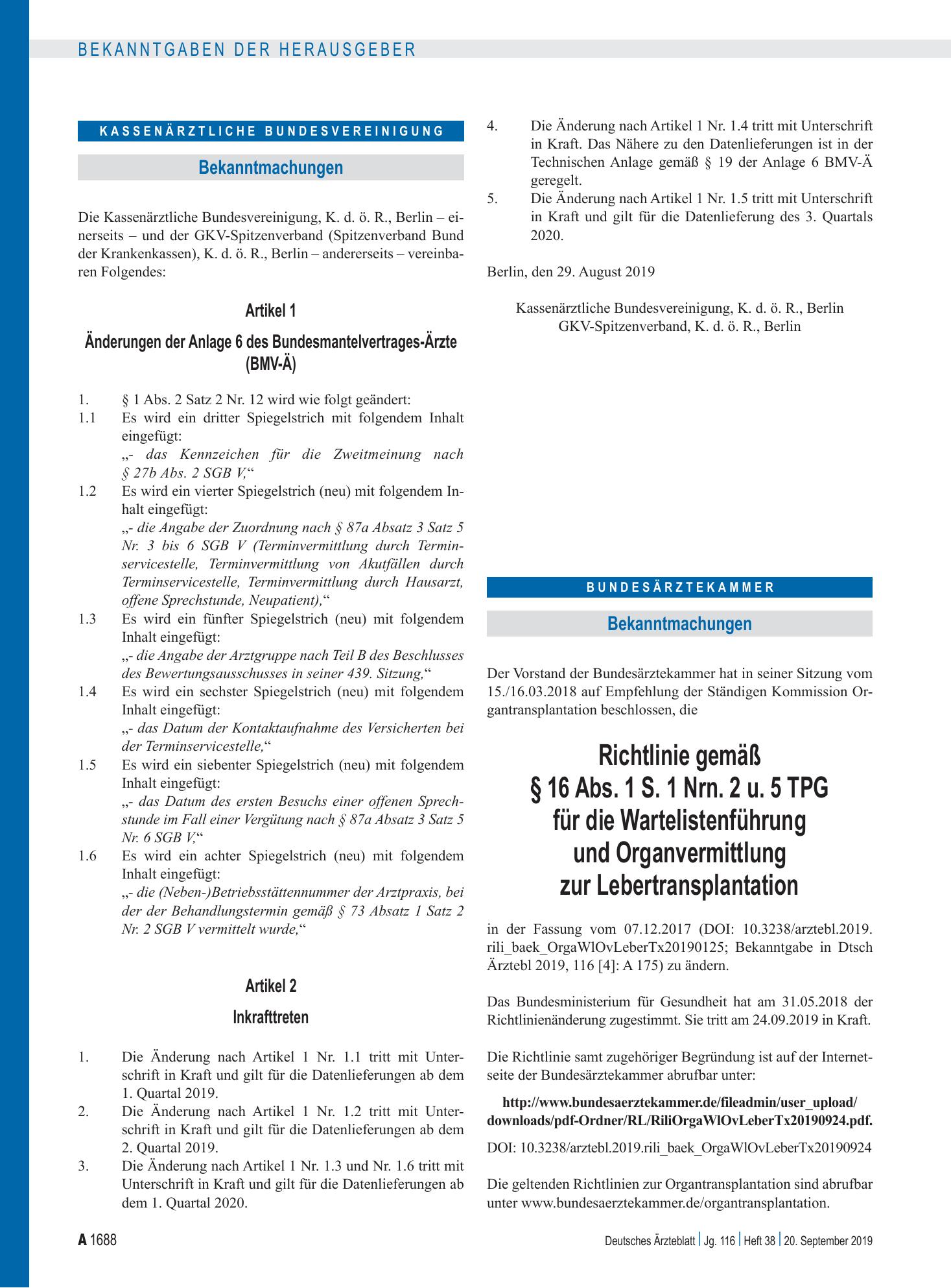Vorschauseite 1: Artikel 1, Änderungen der Anlage 6 des Bundesmantelvertrages-Ärzte (BMV-Ä), Artikel 2, Inkrafttreten – Deutsches Ärzteblatt