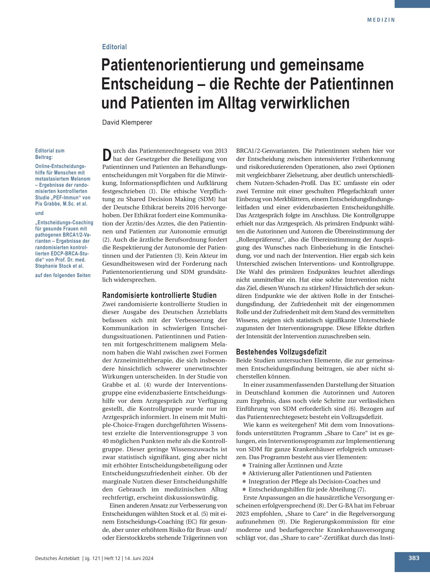 Vorschauseite 1: Entscheidungs-Coaching für gesunde Frauen mit pathogenen BRCA1/2-Varianten – Deutsches Ärzteblatt